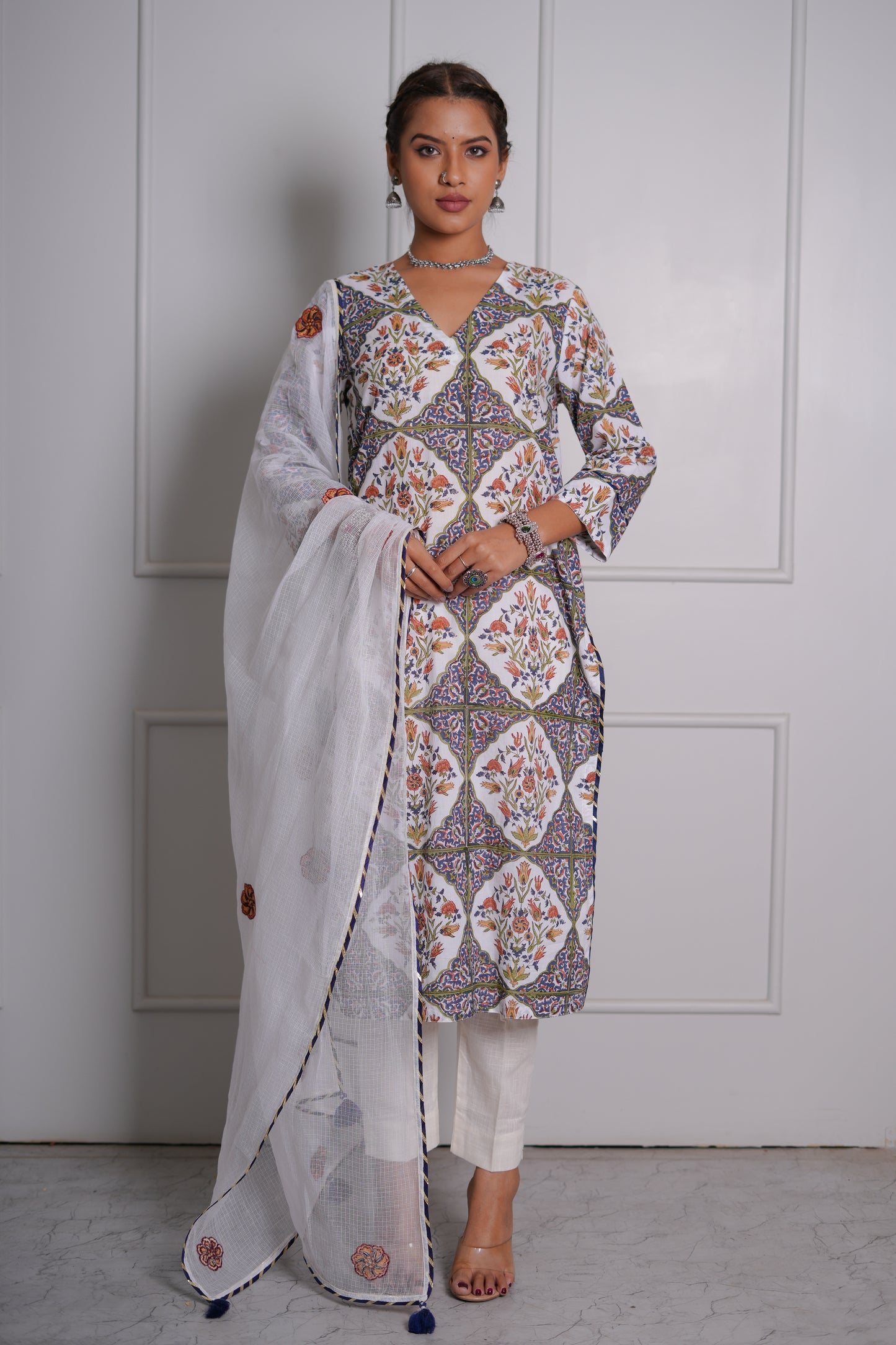 Aabroo Mughal Jaal Hand Block-Printed Cotton Kurta Set