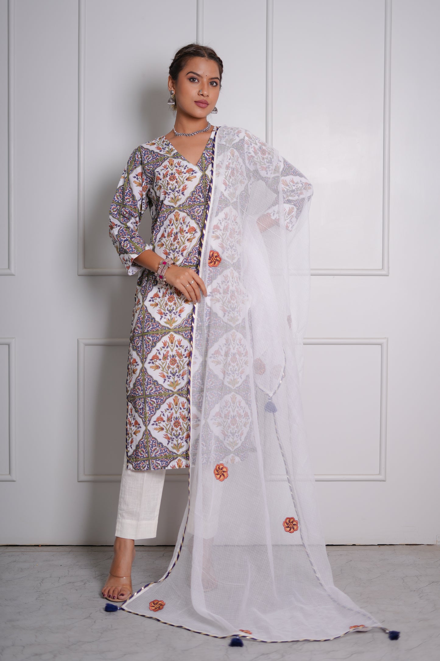 Aabroo Mughal Jaal Hand Block-Printed Cotton Kurta Set