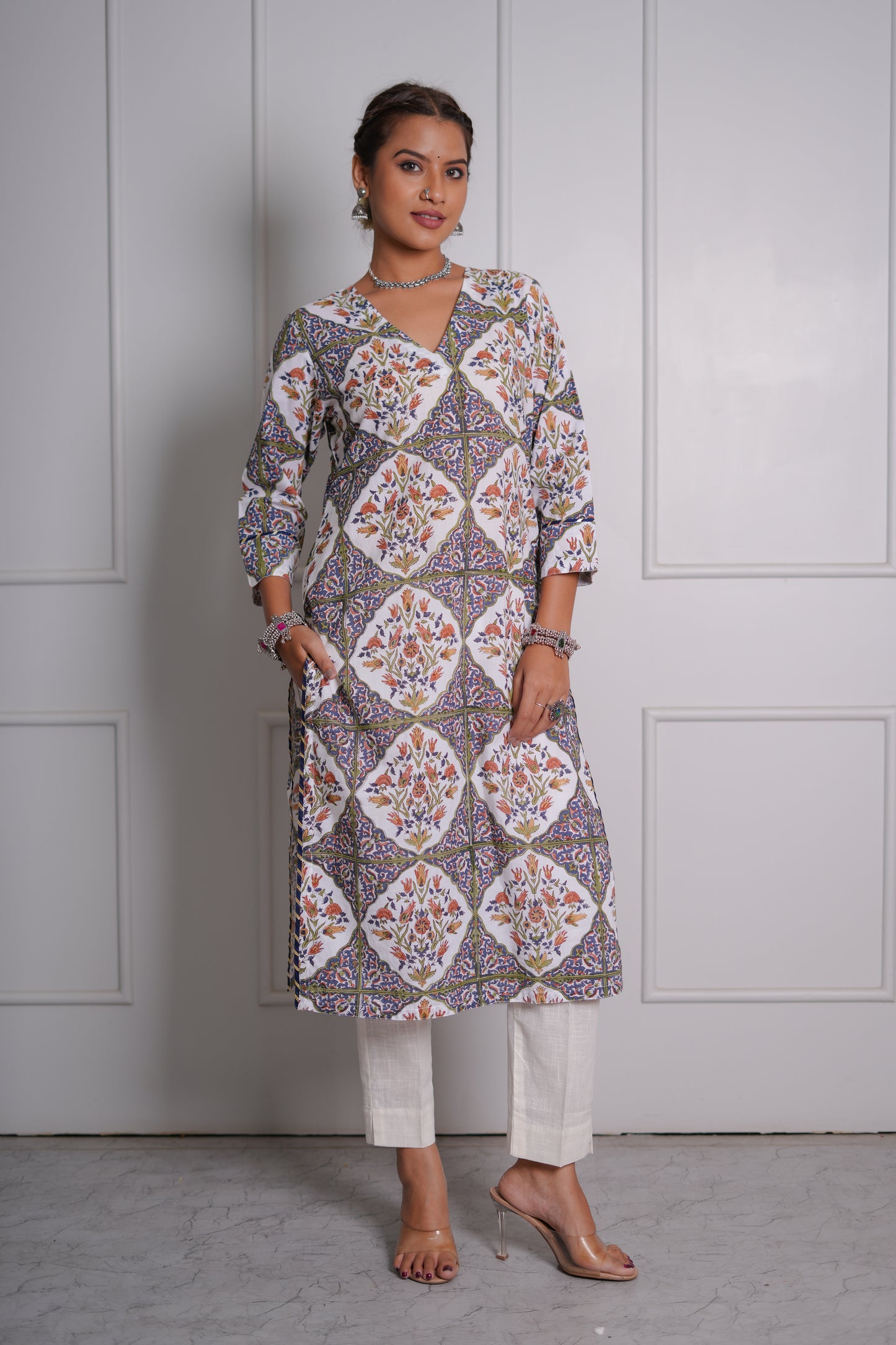 Aabroo Mughal Jaal Hand Block-Printed Cotton Kurta Set