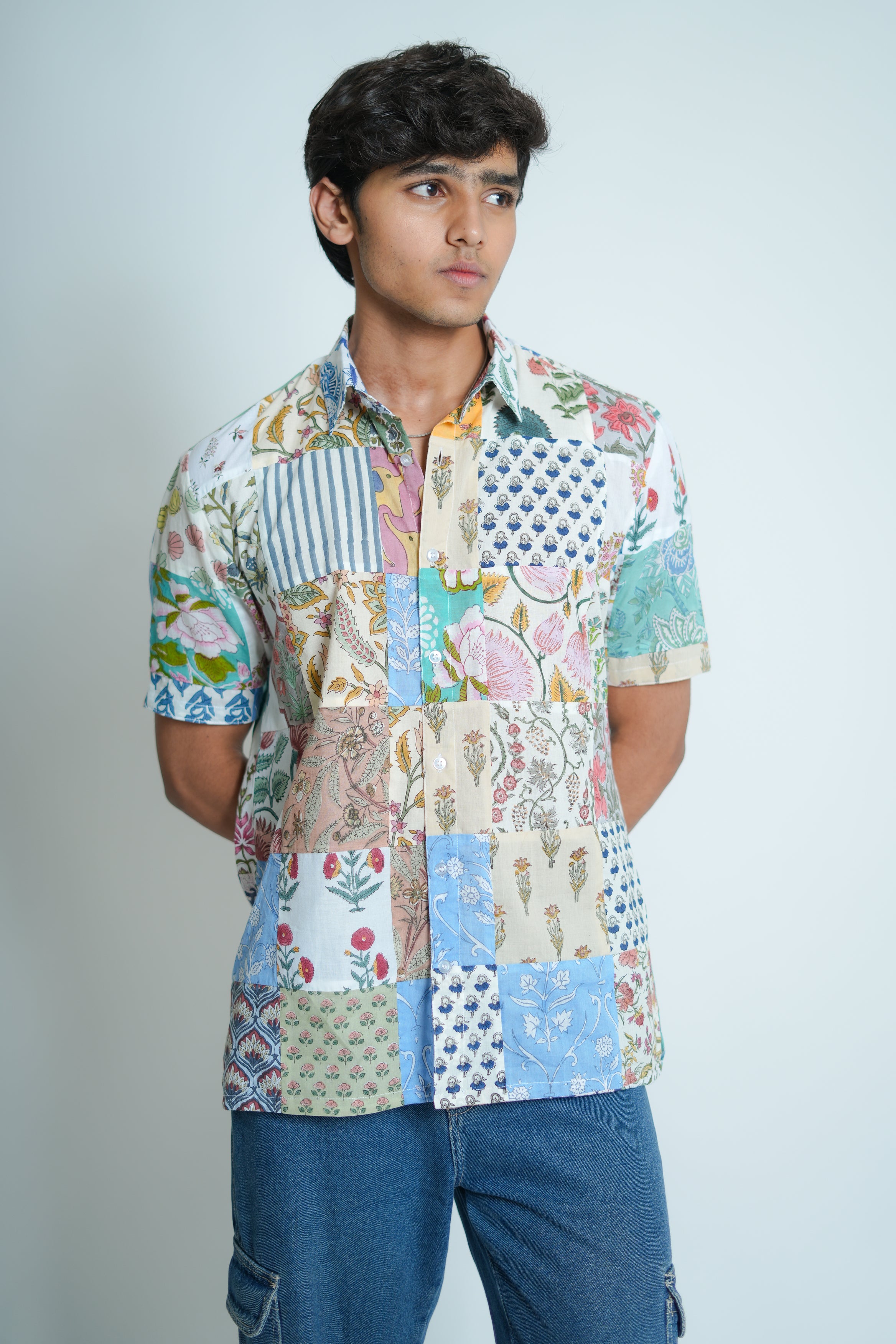 Rudvik Hand Block Printed Patch Work Half Sleeves Shirt