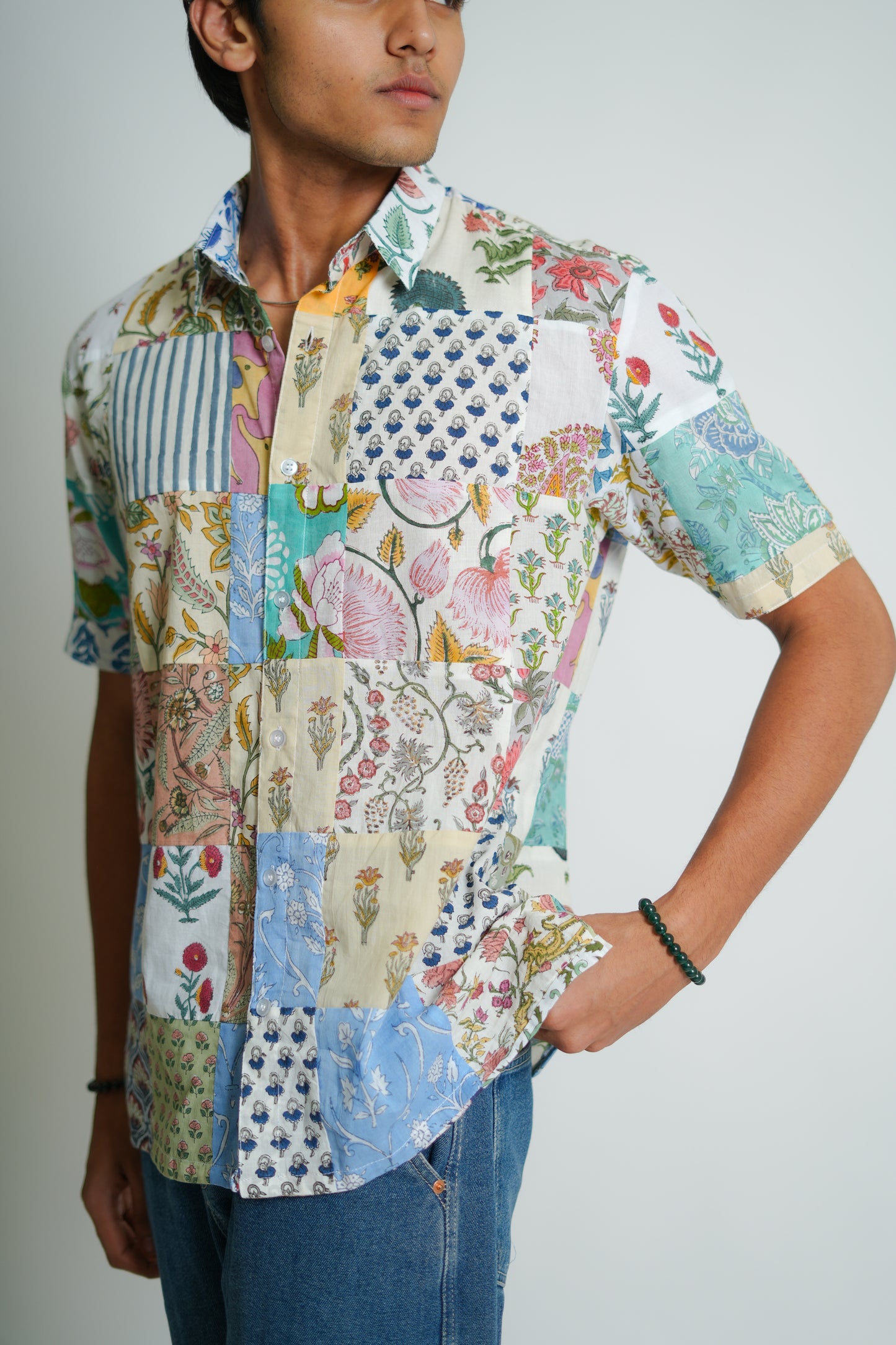 Rudvik Hand Block Printed Patch Work Half Sleeves Shirt