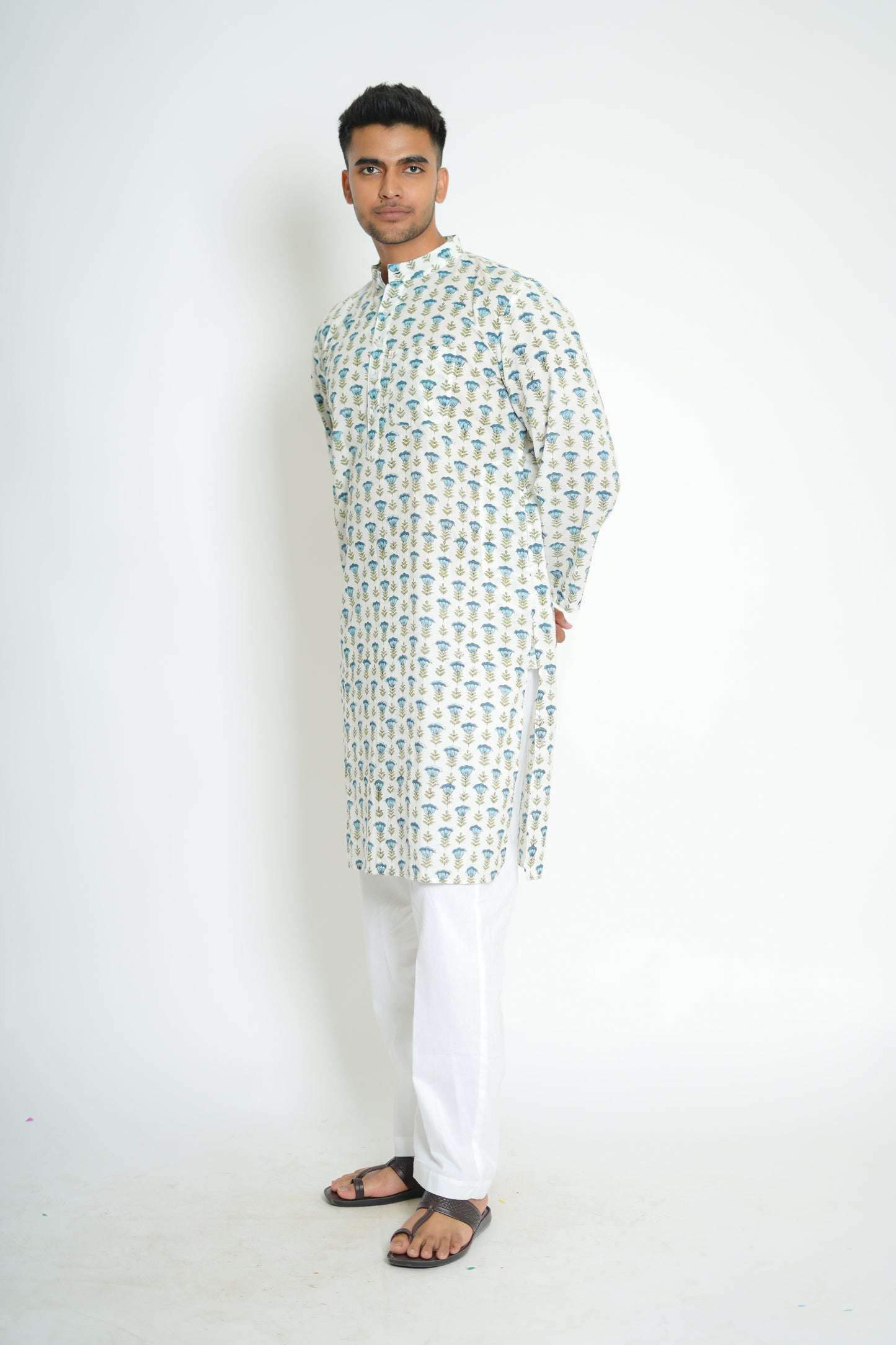 Fringed Tulips Hand Block Printed Buti Kurta Set