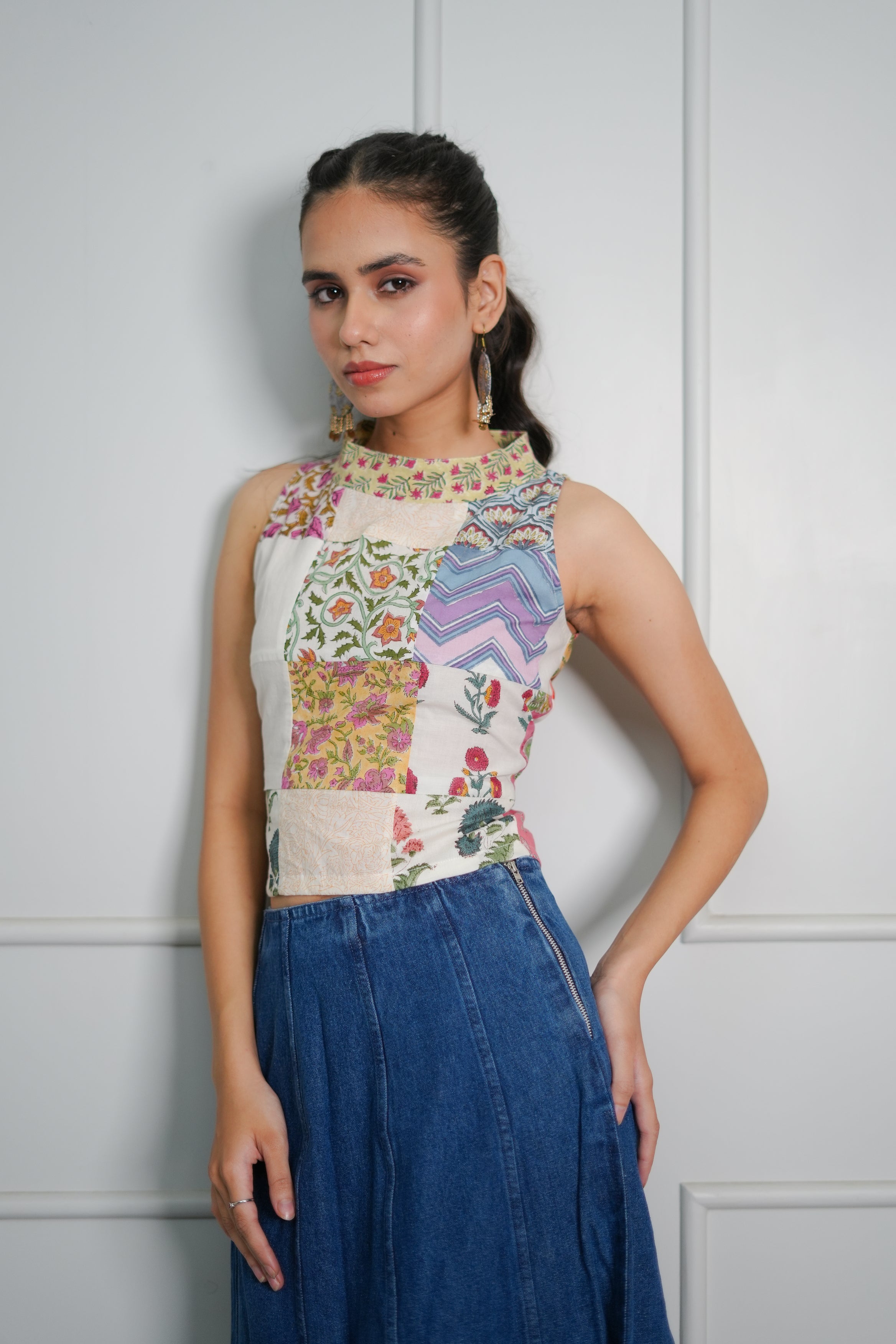 Taran Hand Block Printed Patch Worked Turtleneck Sleeveless Fitted Crop Top