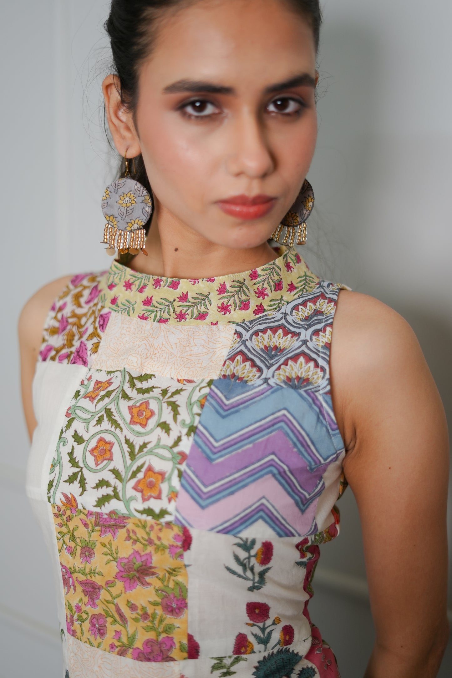 Taran Hand Block Printed Patch Worked Turtleneck Sleeveless Fitted Crop Top