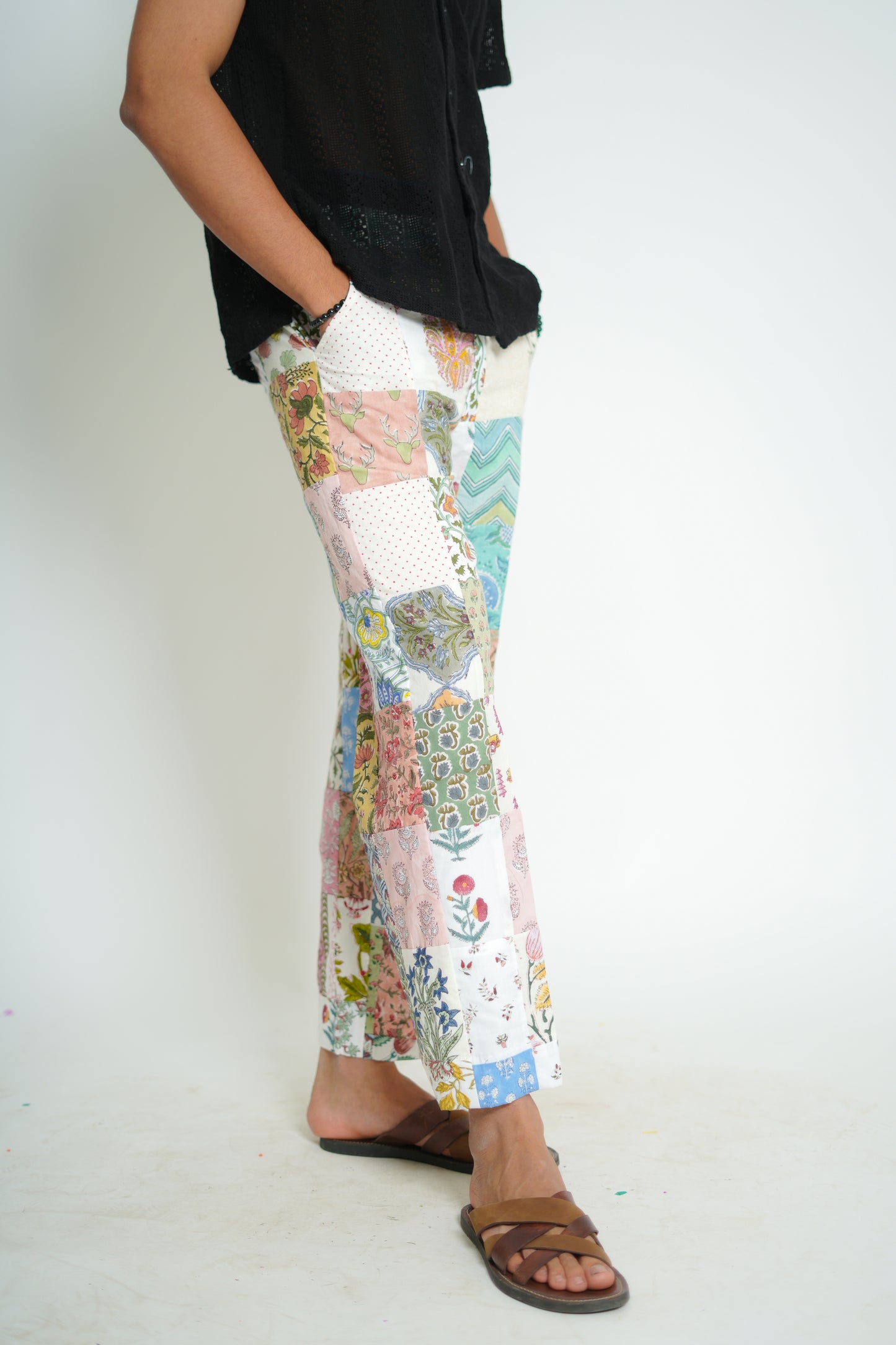 Jade Hand Block Printed Patch Worked Pant