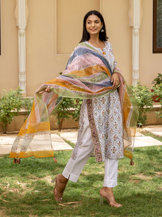 White Mehrab Butti Print Kurta Set