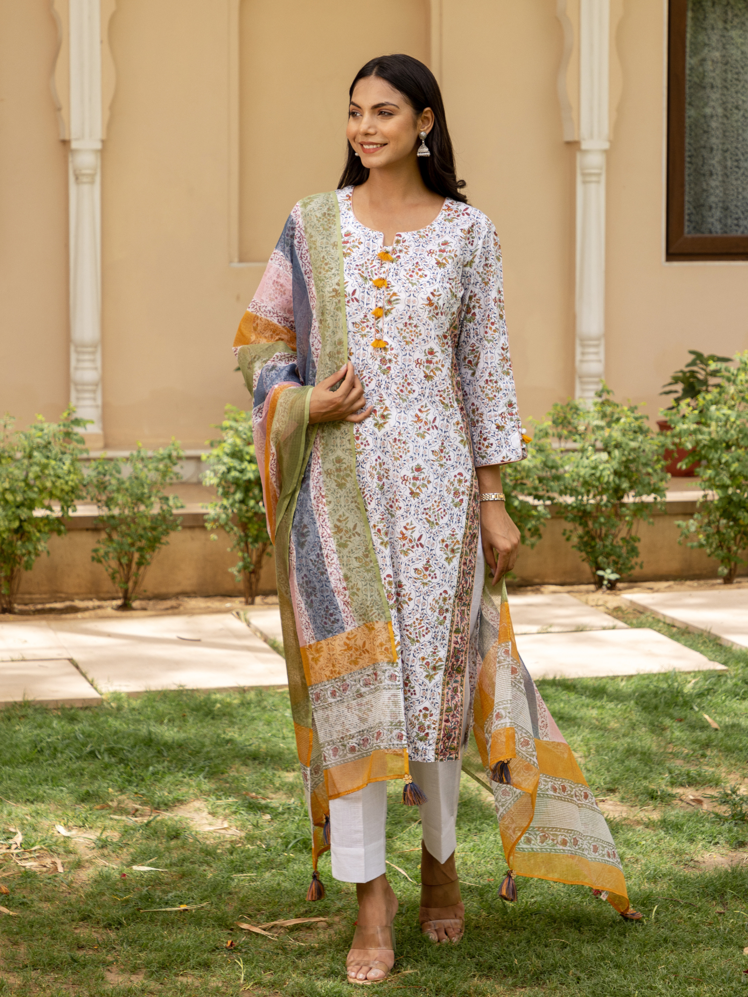 White Mehrab Butti Print Kurta Set