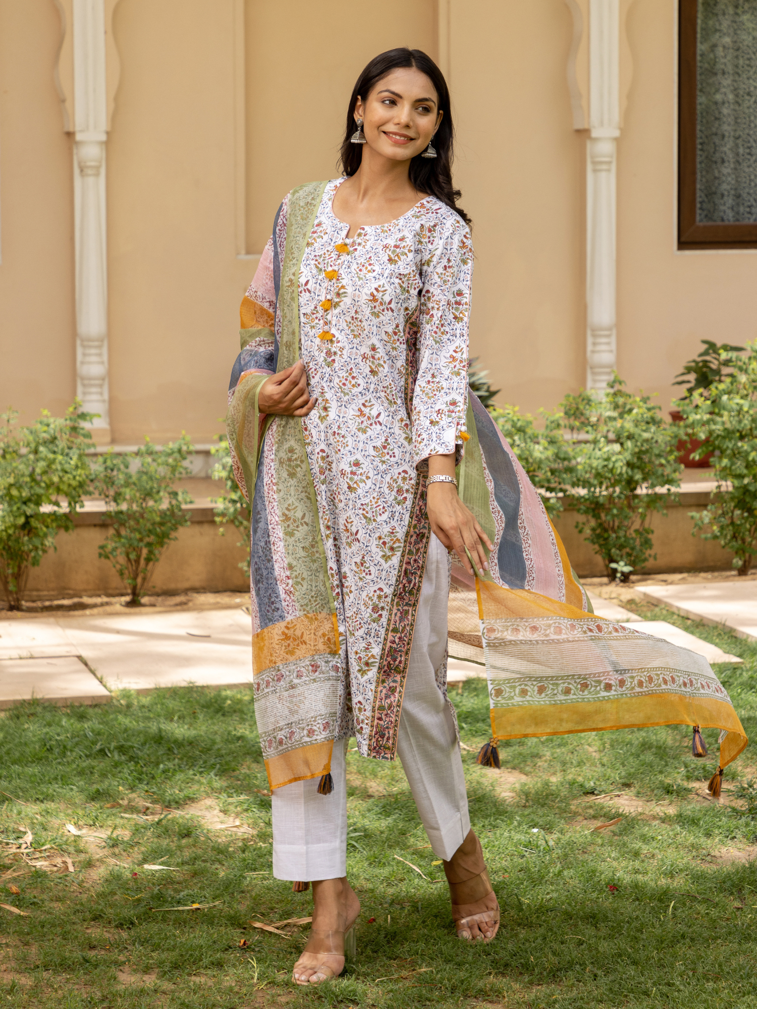 White Mehrab Butti Print Kurta Set