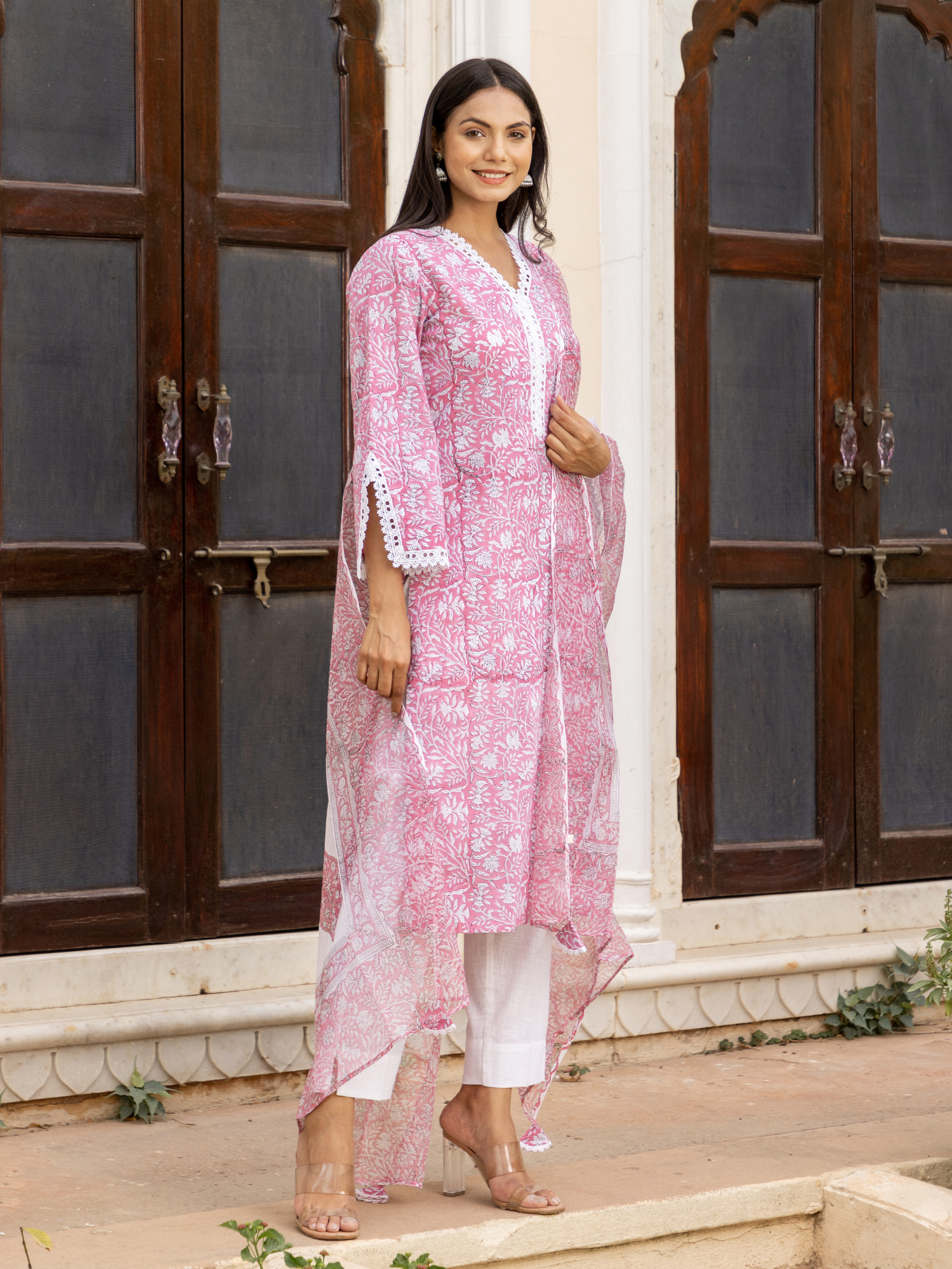 Pink Floral Block Print Jaal Kurta Set