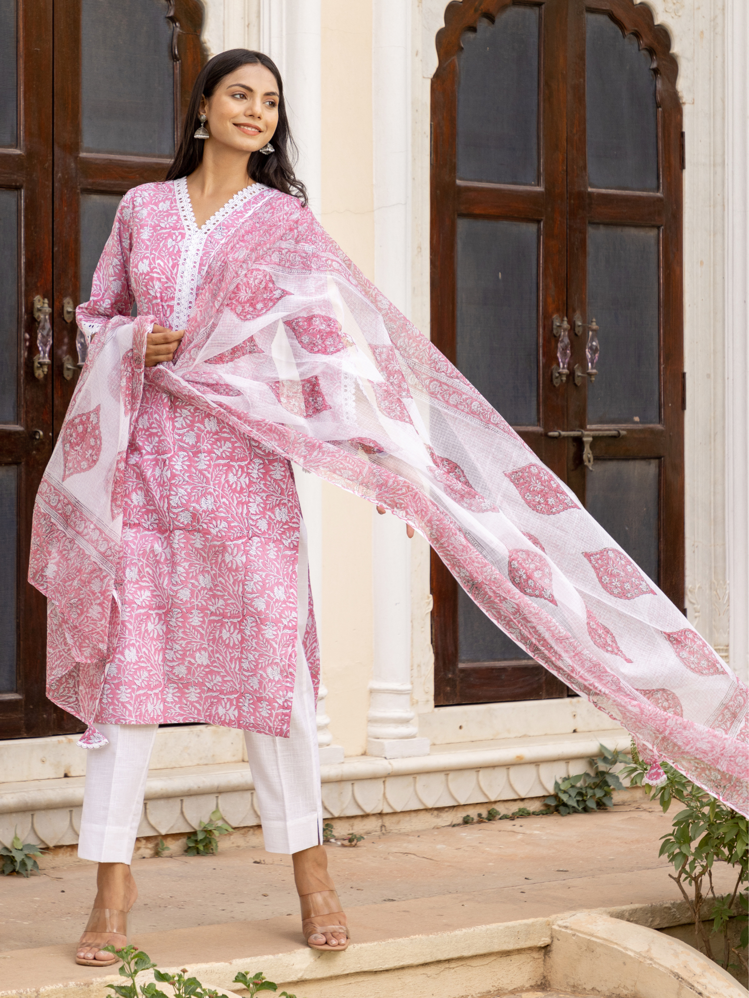 Pink Floral Block Print Jaal Kurta Set