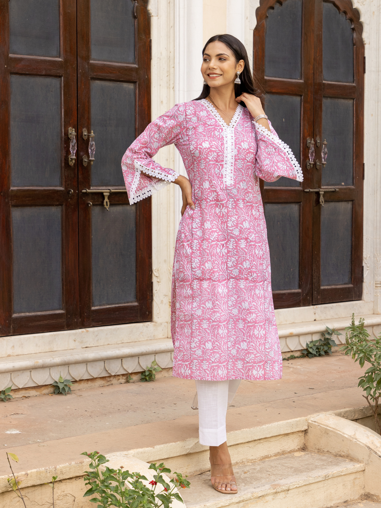 Pink Floral Block Print Jaal Kurta Set