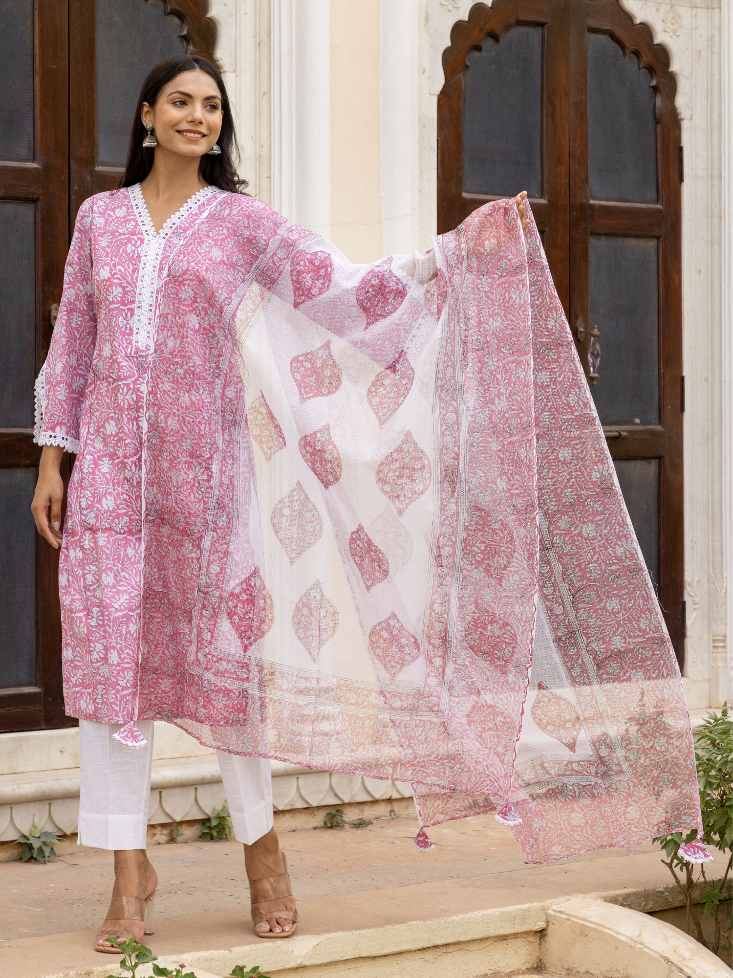 Pink Floral Block Print Jaal Kurta Set