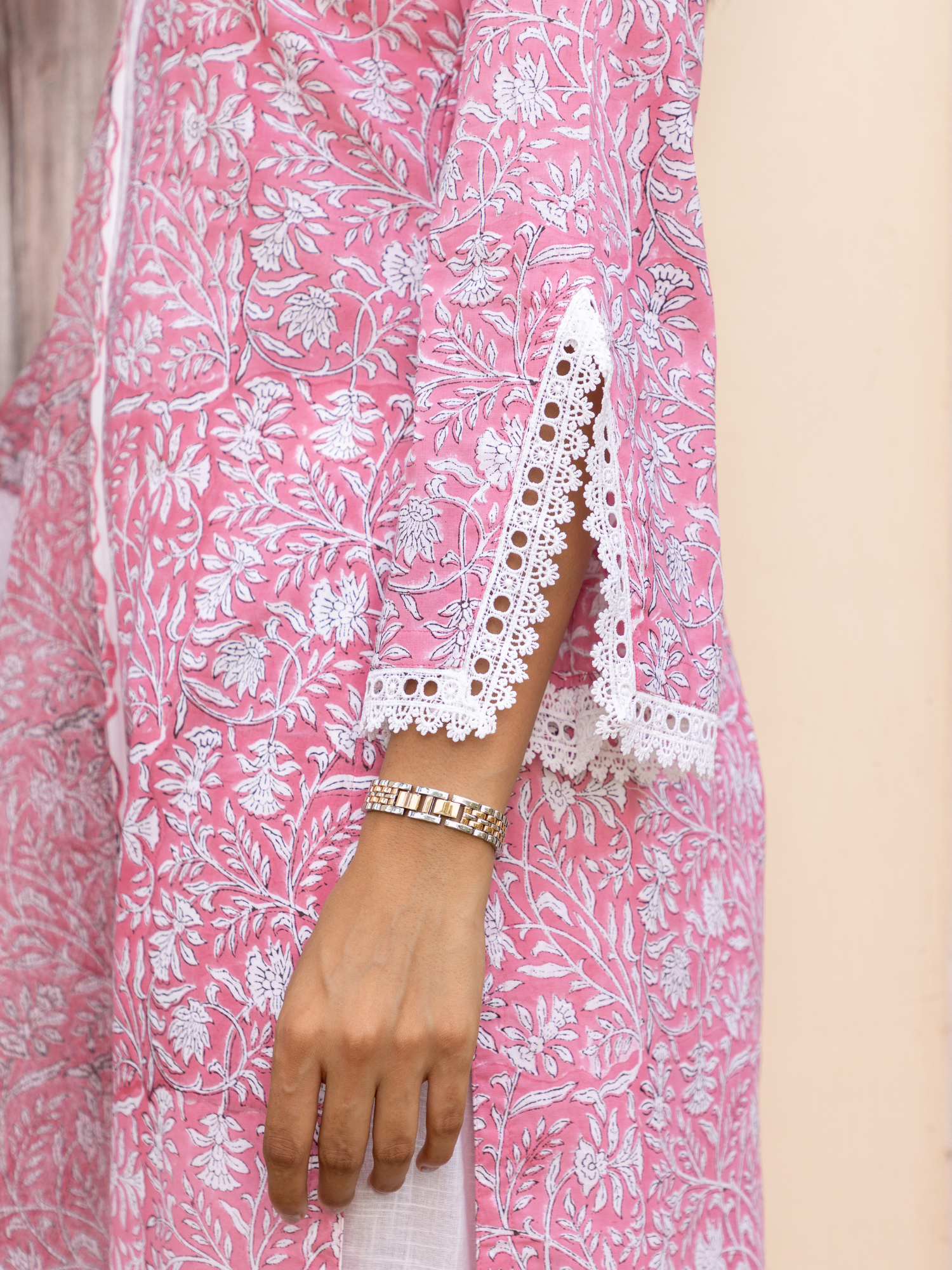 Pink Floral Block Print Jaal Kurta Set