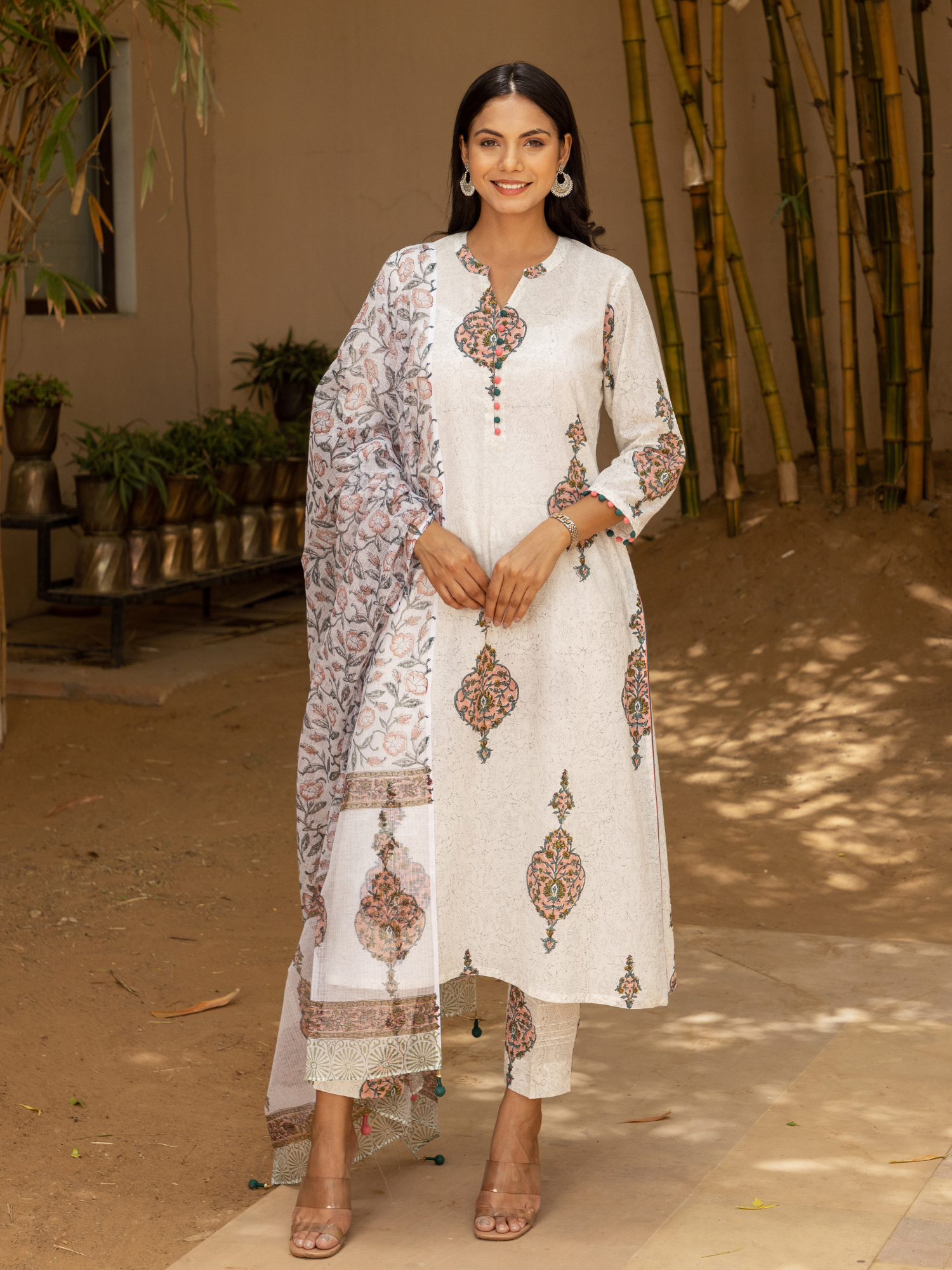 Self Printed Mughal Buta Kurta Set