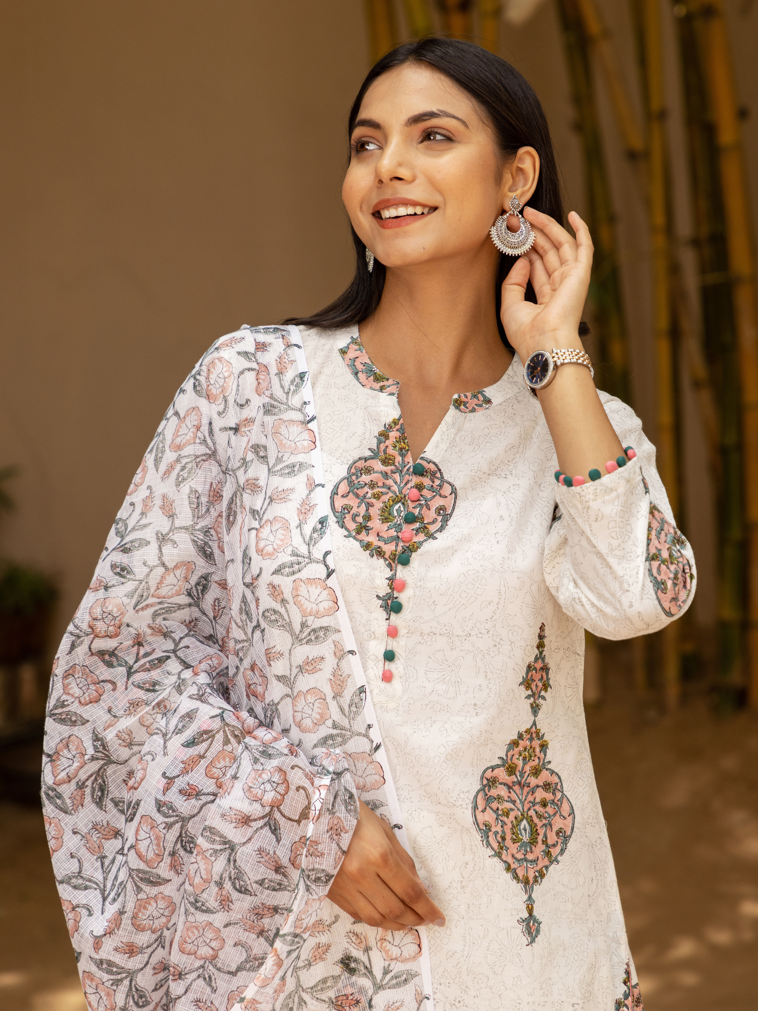 Self Printed Mughal Buta Kurta Set