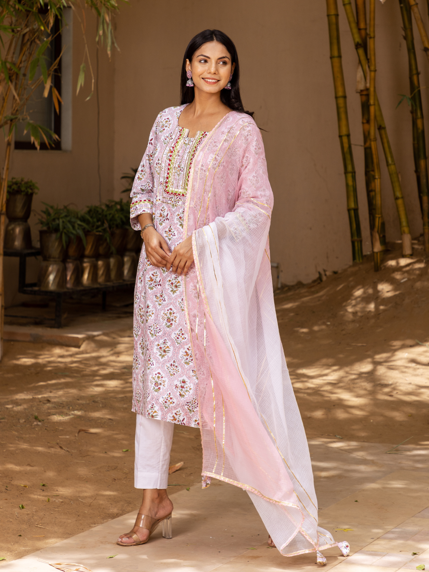 Pink Mehrab Butti Print Kurta Set