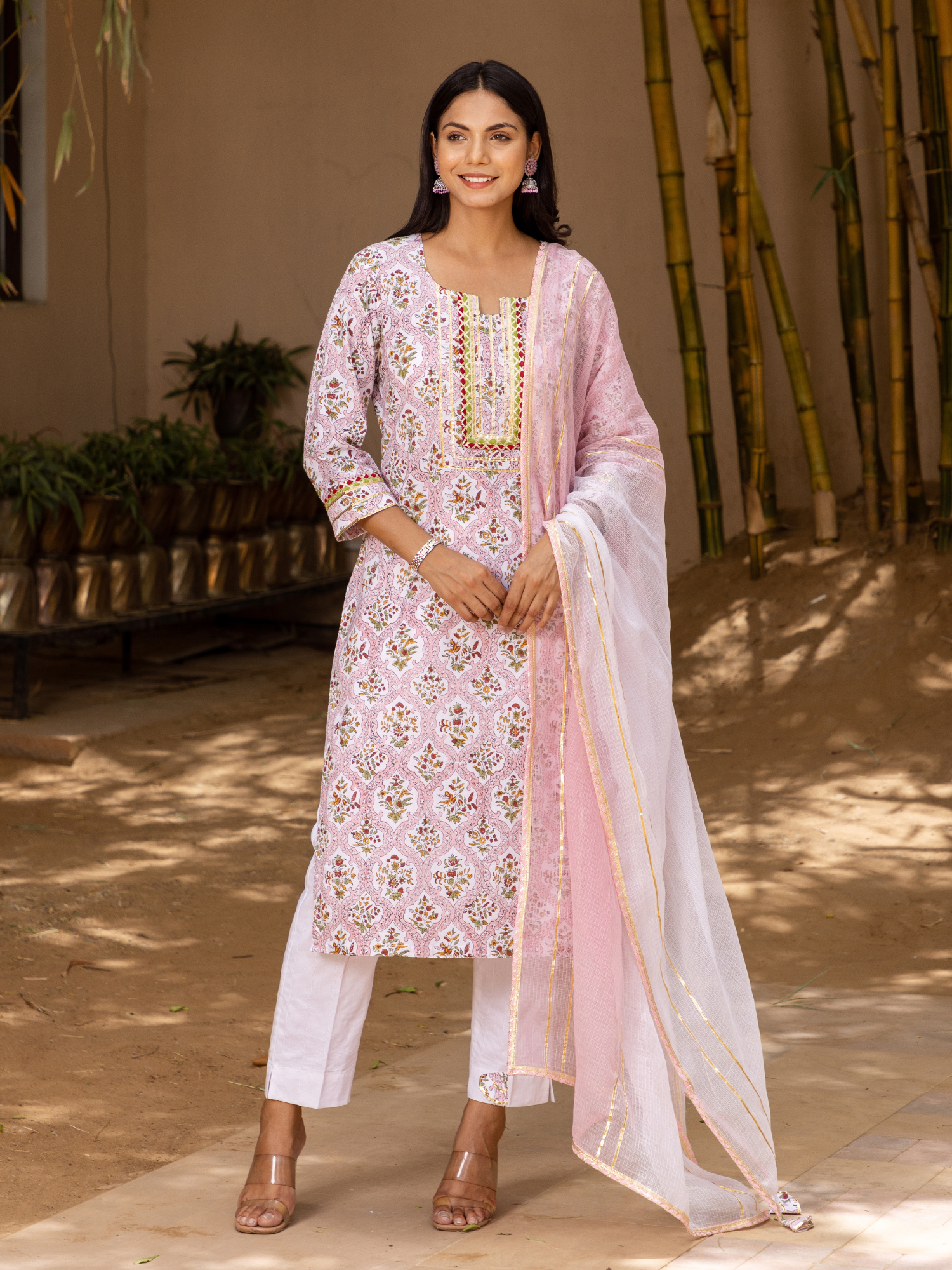 Pink Mehrab Butti Print Kurta Set