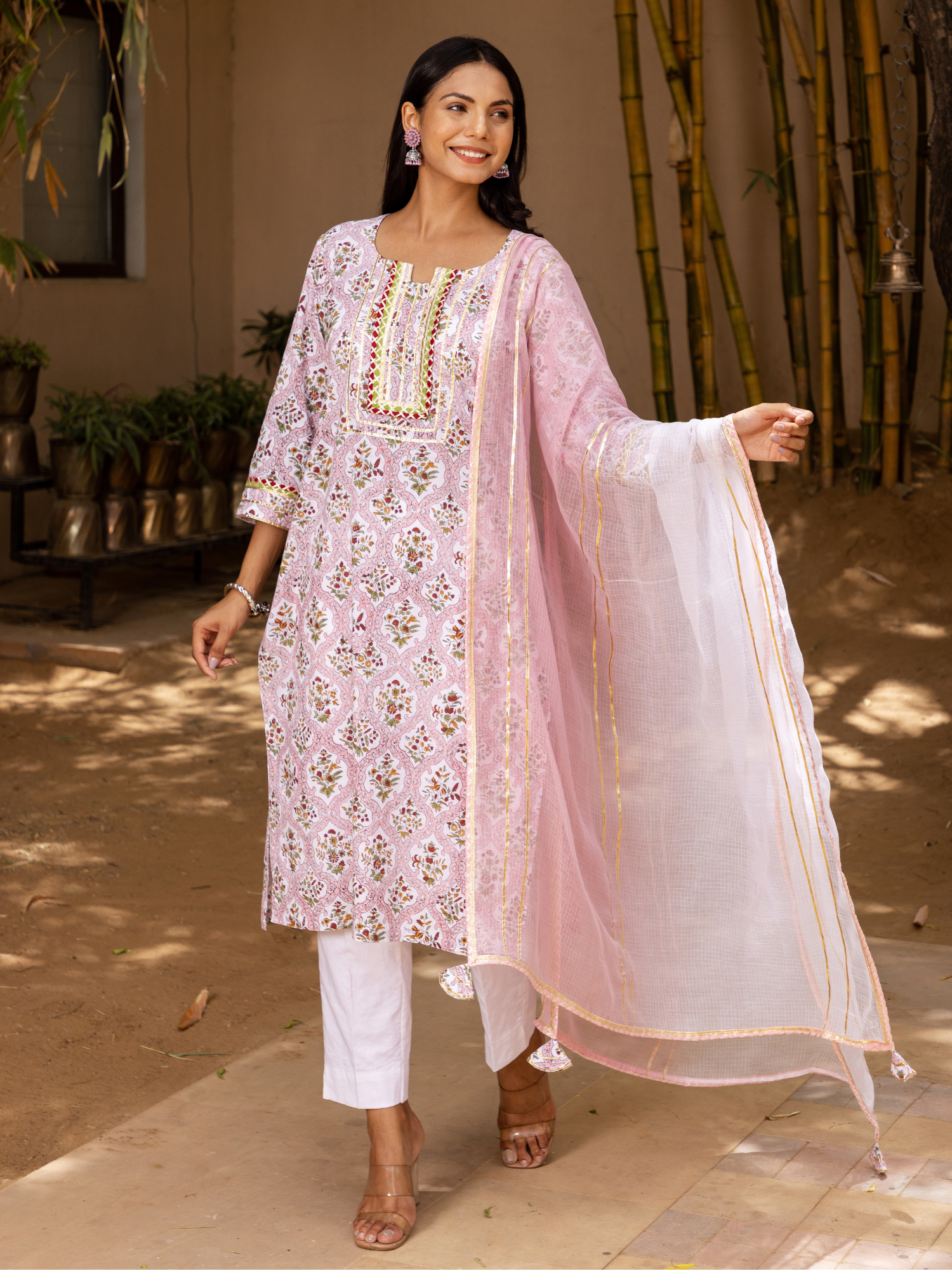 Pink Mehrab Butti Print Kurta Set