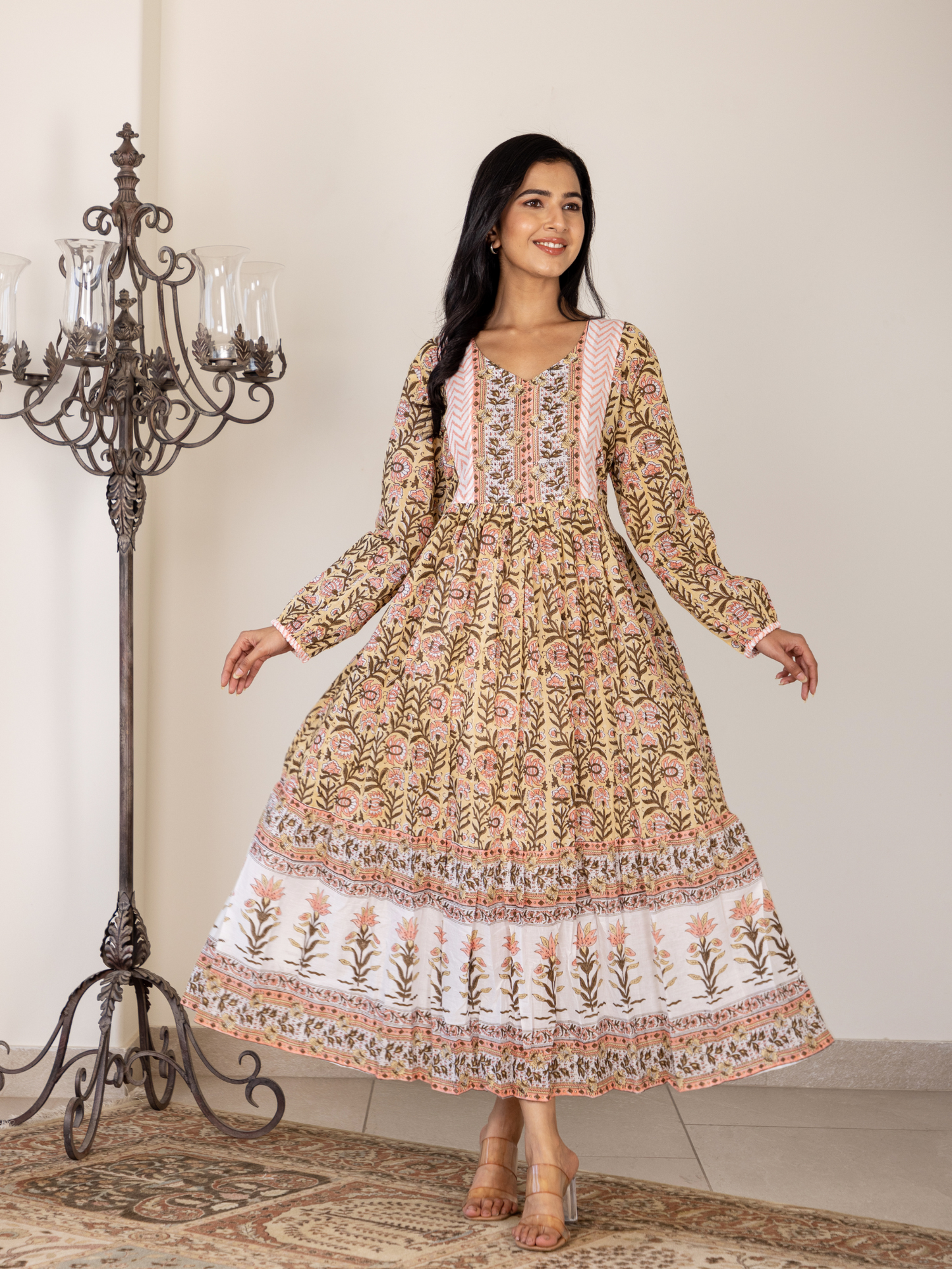 Yellow Ivory Floral Jaal Tiered Dress