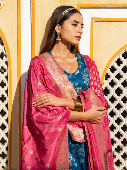 Rama & Pink Color Banarsi Brocade Kurta Set