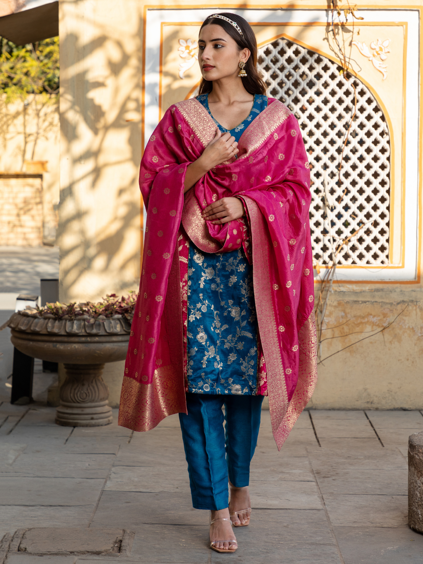 Rama & Pink Color Banarsi Brocade Kurta Set