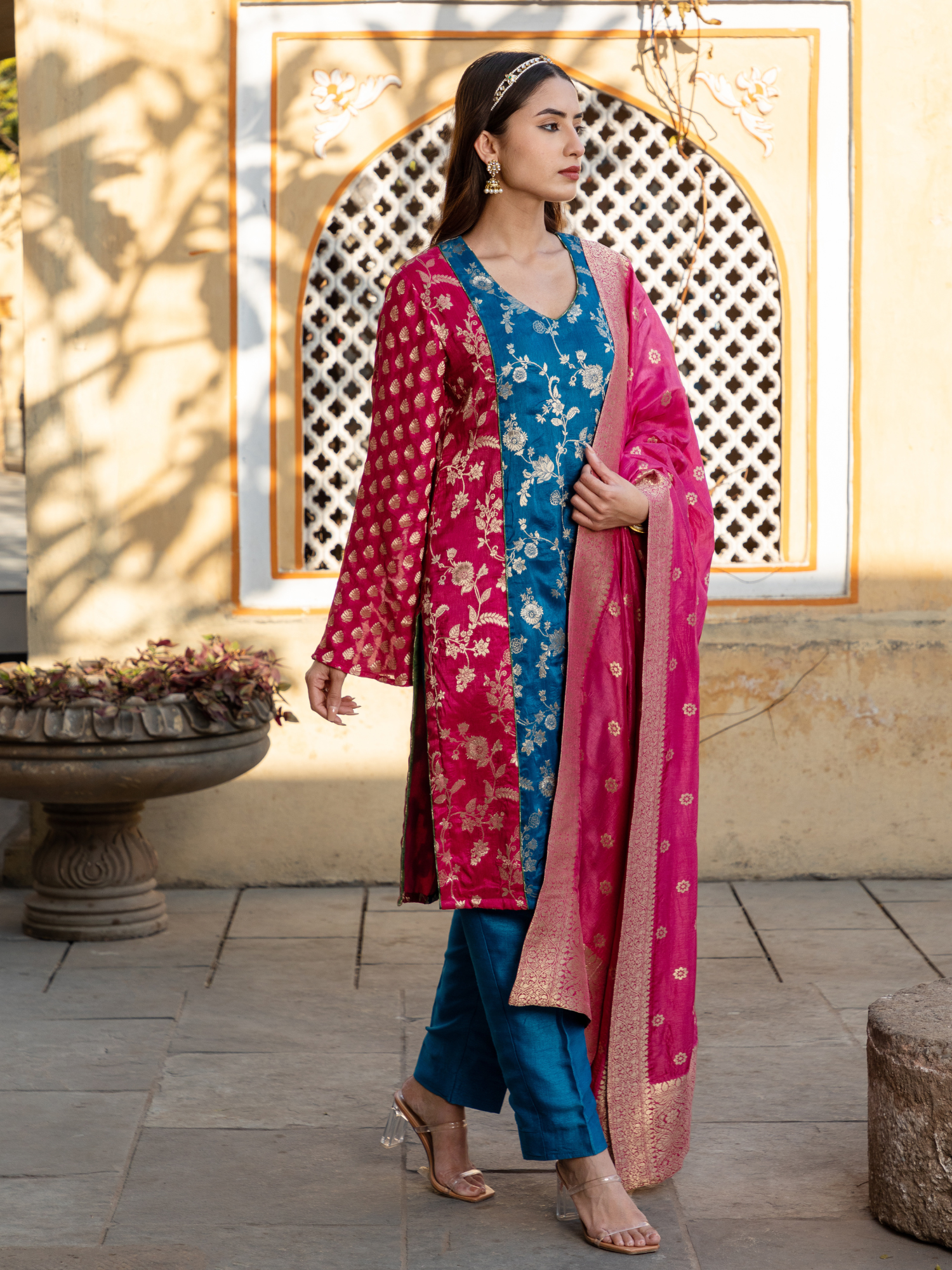 Rama & Pink Color Banarsi Brocade Kurta Set