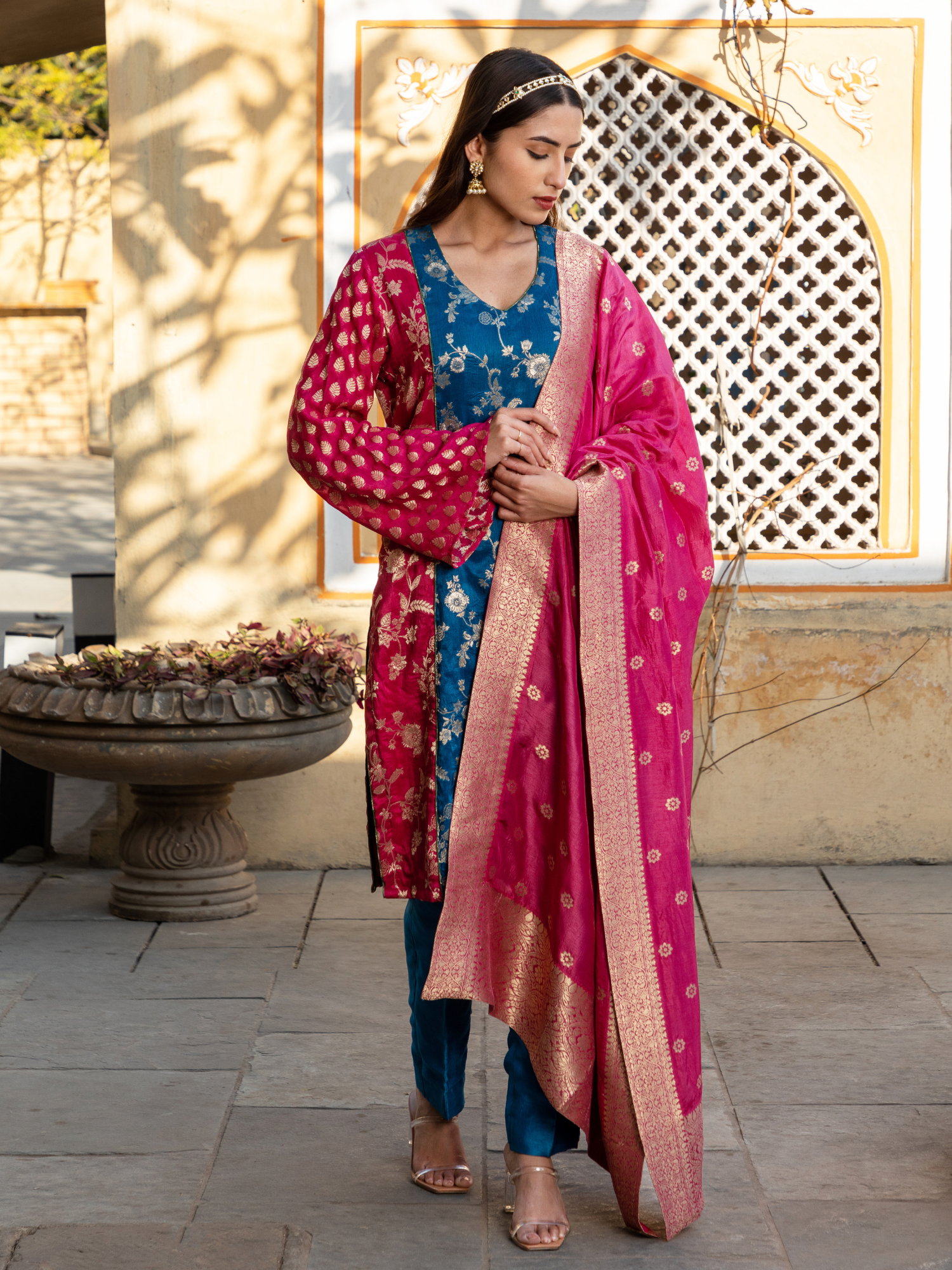 Rama & Pink Color Banarsi Brocade Kurta Set