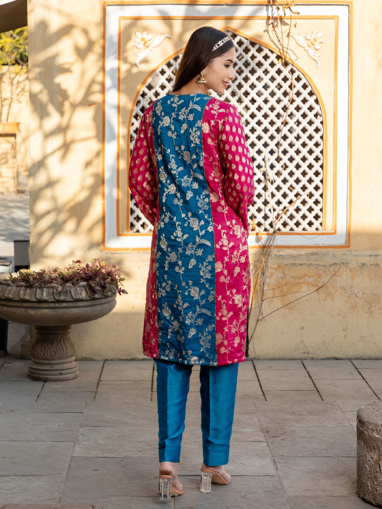 Rama & Pink Color Banarsi Brocade Kurta Set