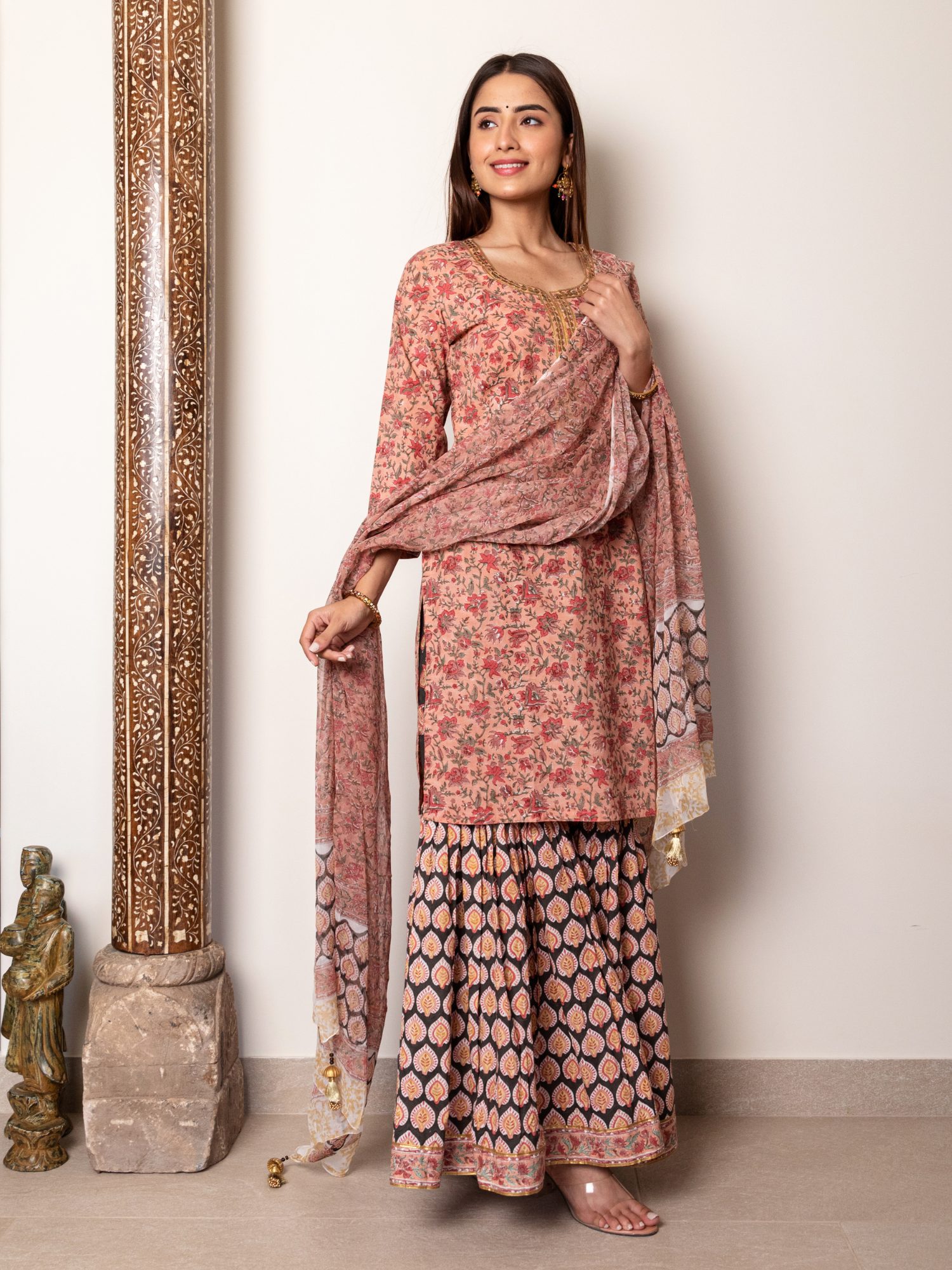 Peach and Black Floral Jaal Gharara Set