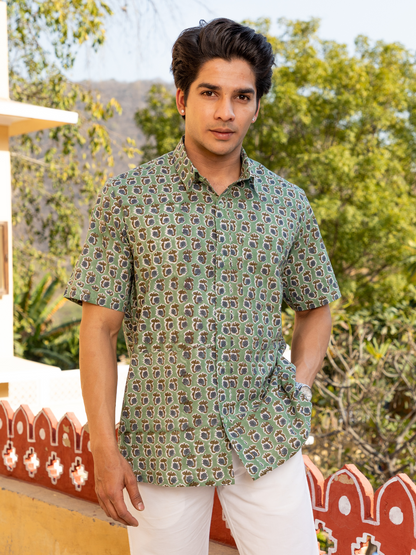 Green Block Printed Buti Floral Shirt