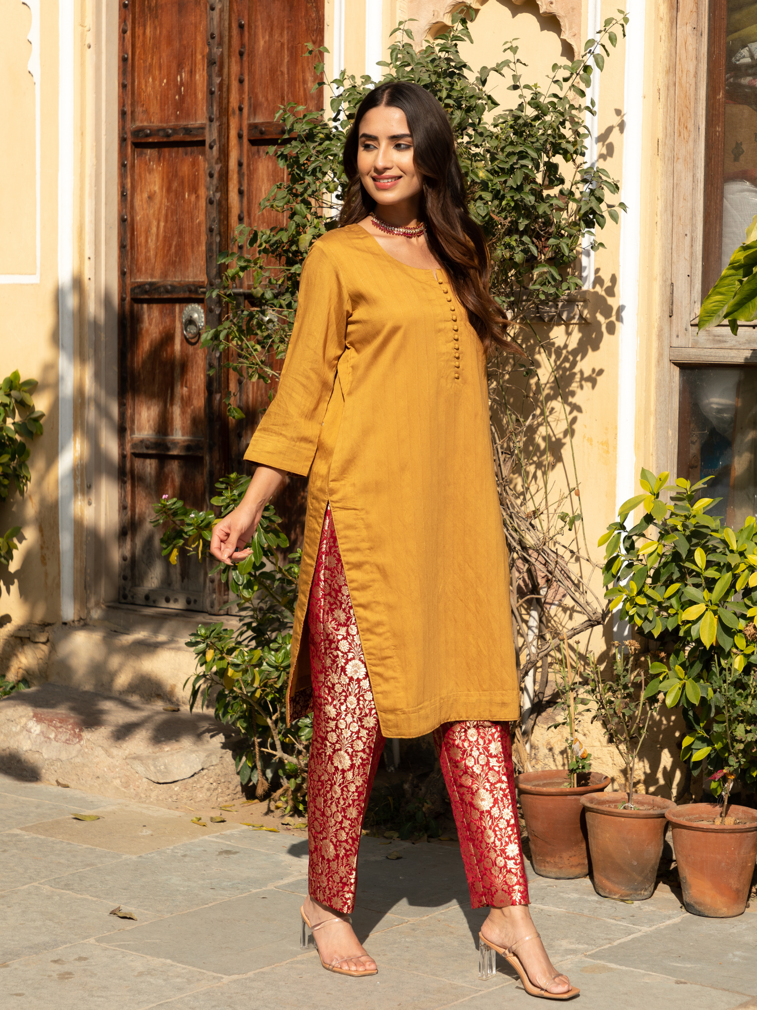 Mustard Color Chanderi Kurta with Pure Kimkhab Pant and Doriya Dupatta Set