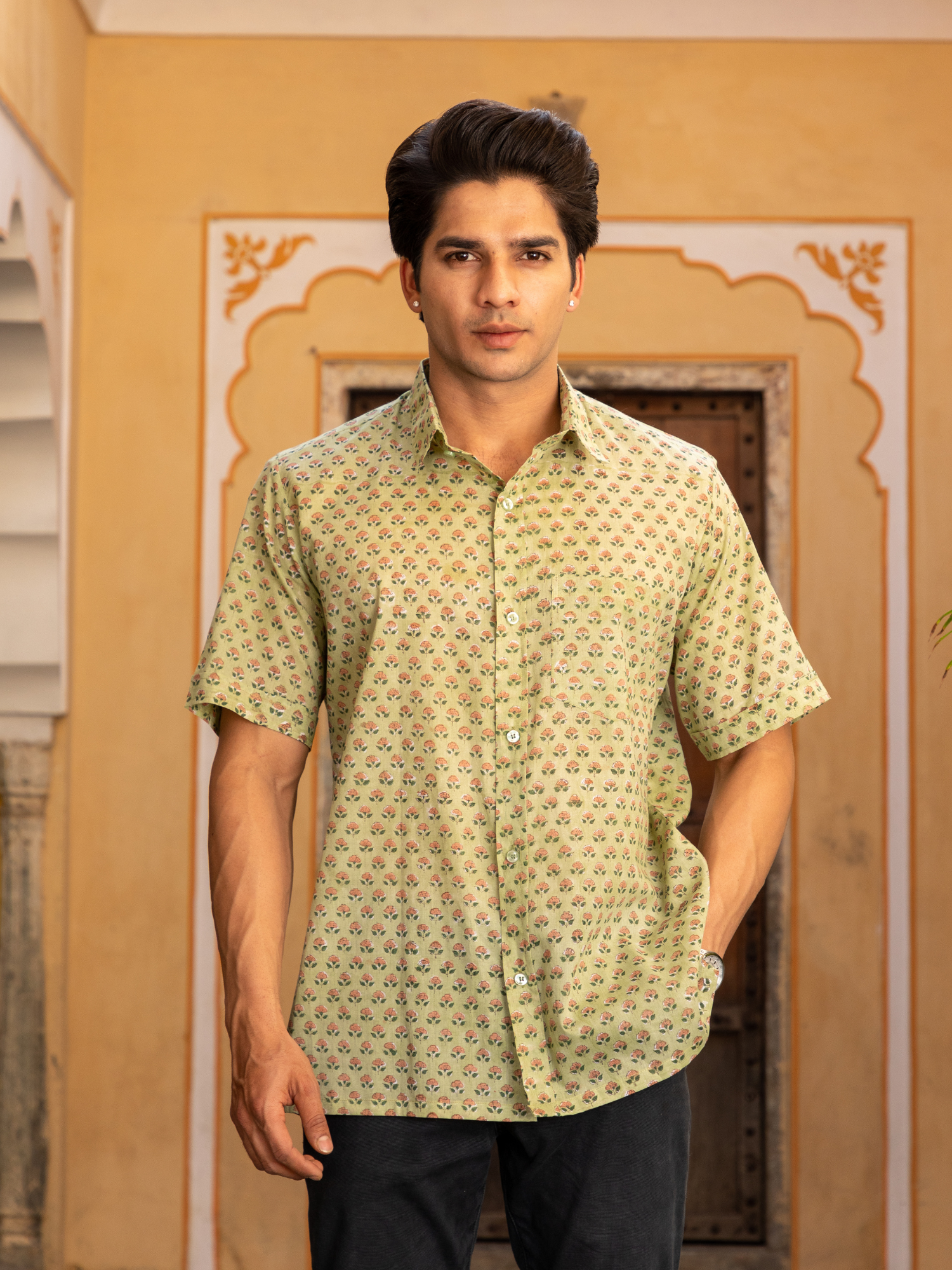 Lite Green Block Printed Buti Floral Shirt