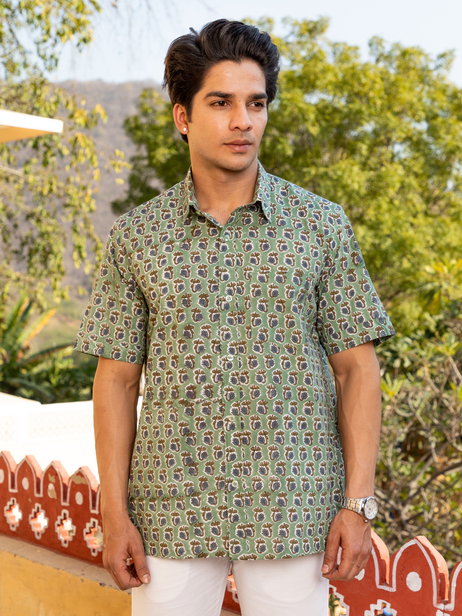 Green Block Printed Buti Floral Shirt