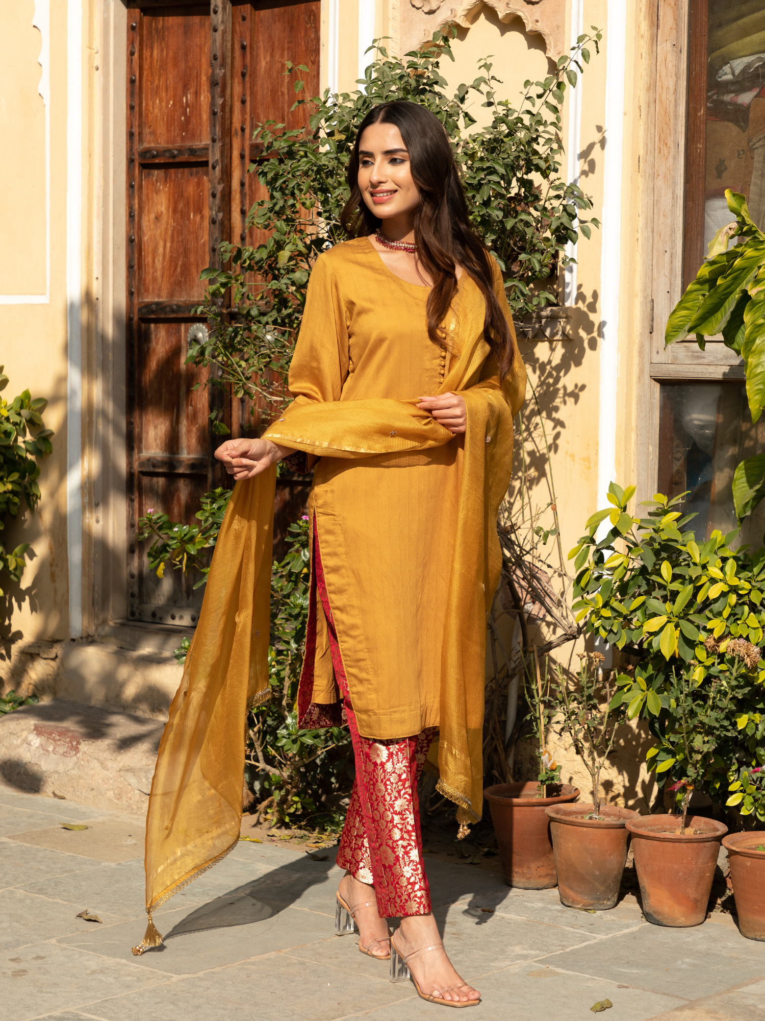 Mustard Color Chanderi Kurta with Pure Kimkhab Pant and Doriya Dupatta Set