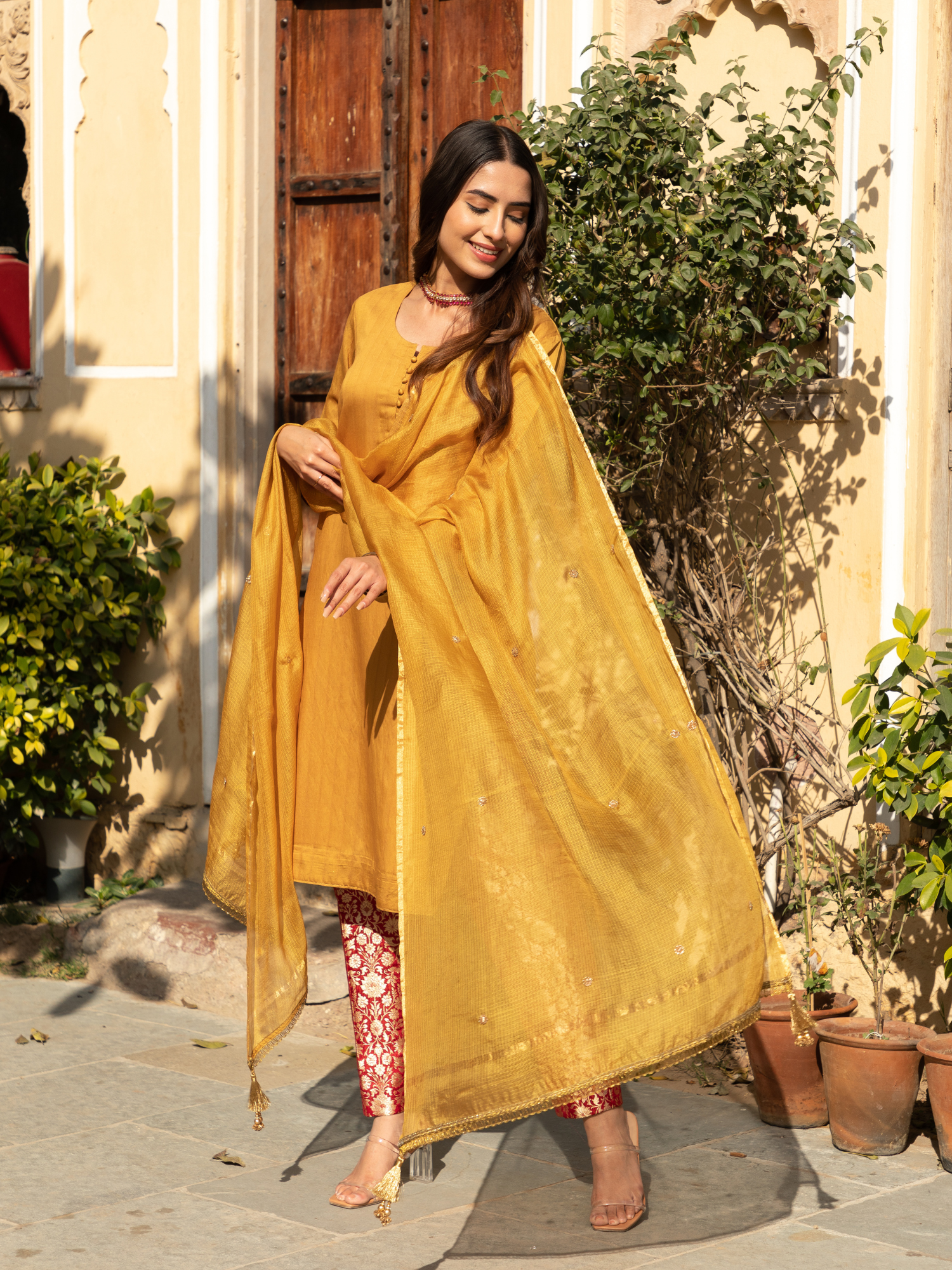 Mustard Color Chanderi Kurta with Pure Kimkhab Pant and Doriya Dupatta Set