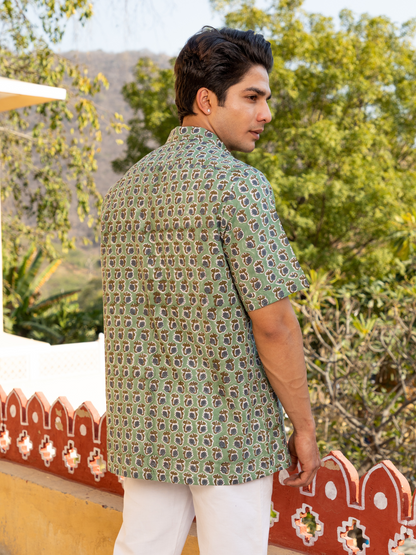 Green Block Printed Buti Floral Shirt