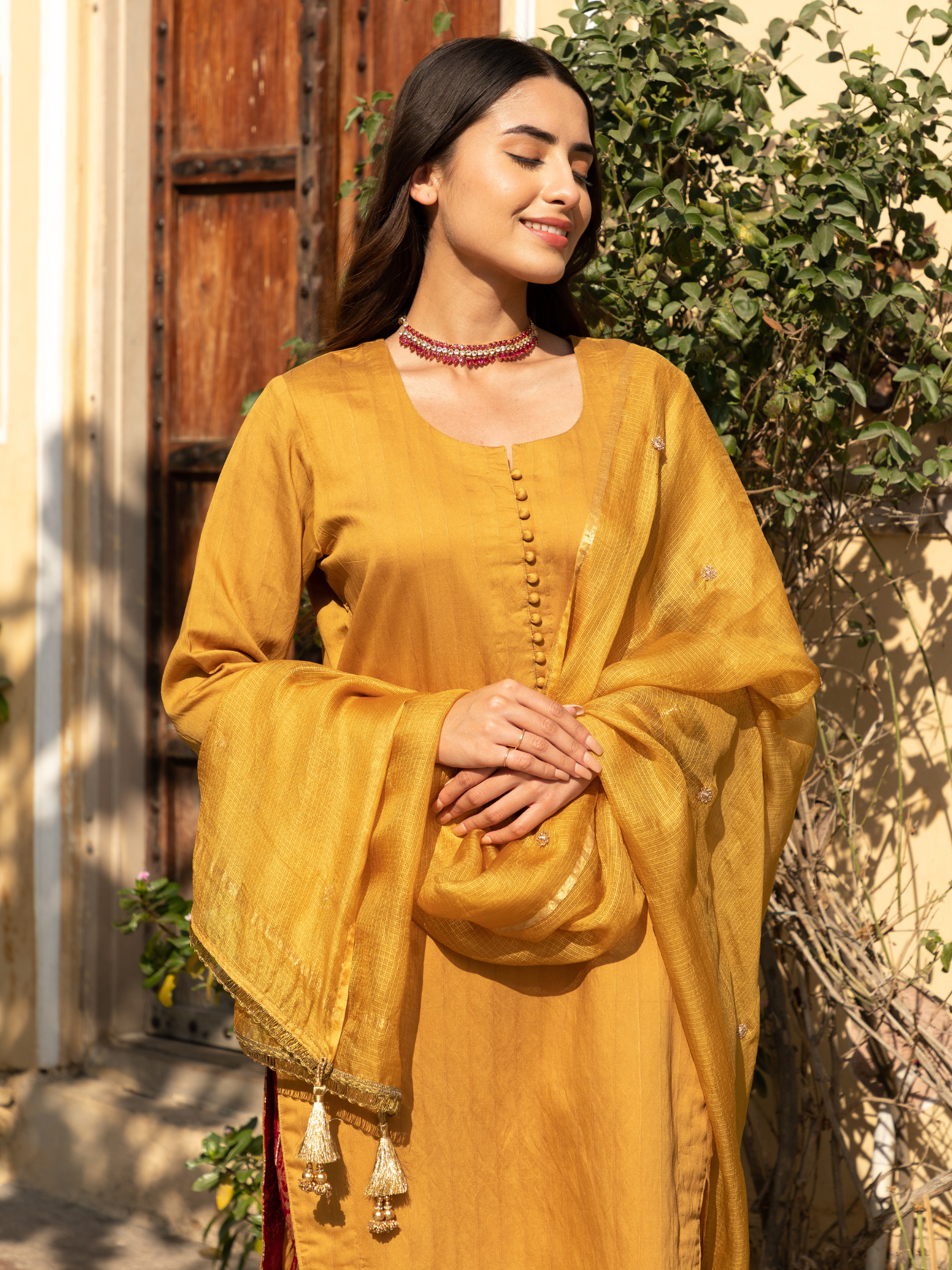 Mustard Color Chanderi Kurta with Pure Kimkhab Pant and Doriya Dupatta Set