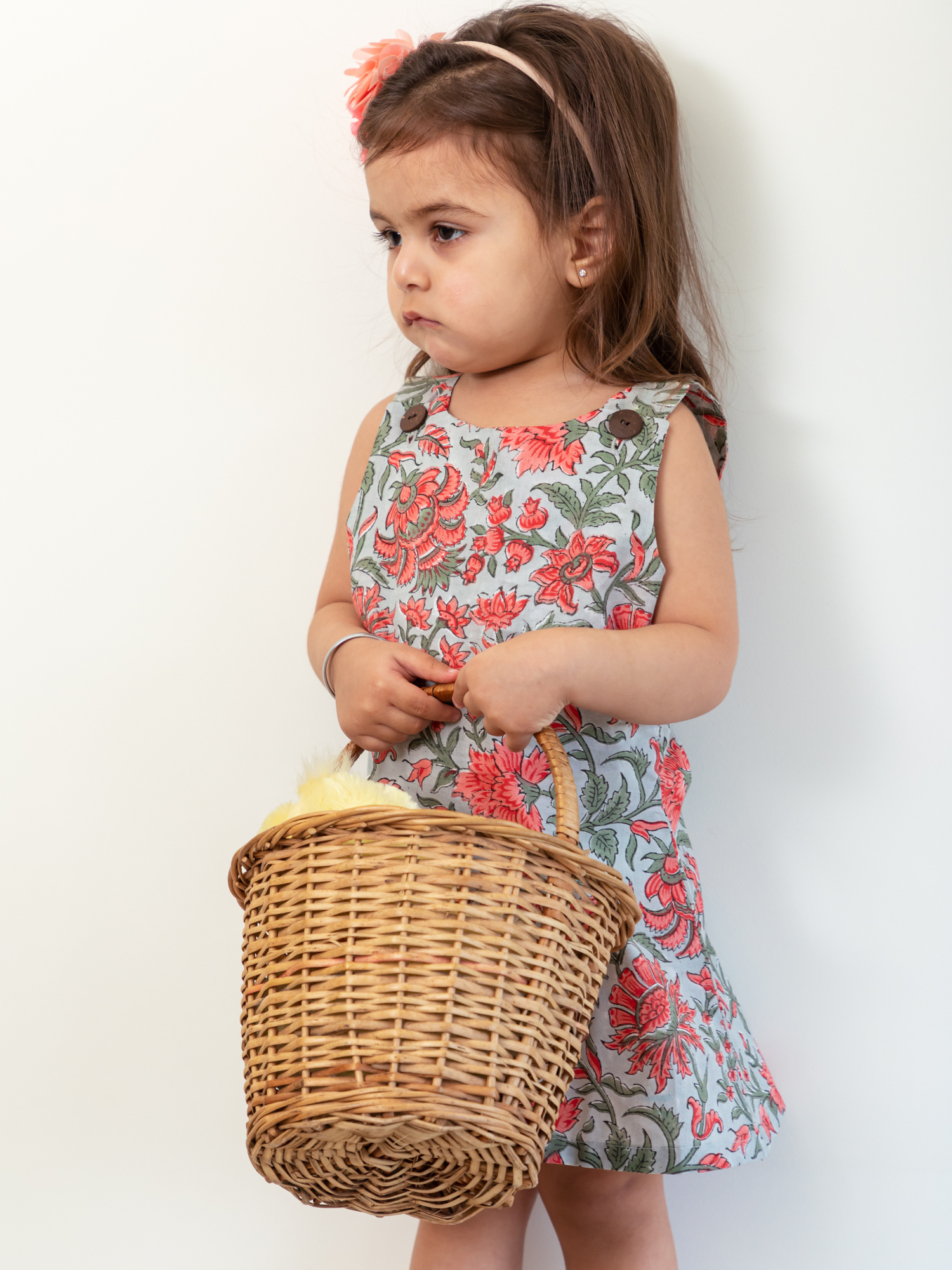 Grey and Red Hand Block Floral Jaal Print Frock