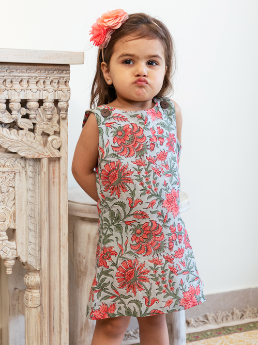Grey and Red Hand Block Floral Jaal Print Frock