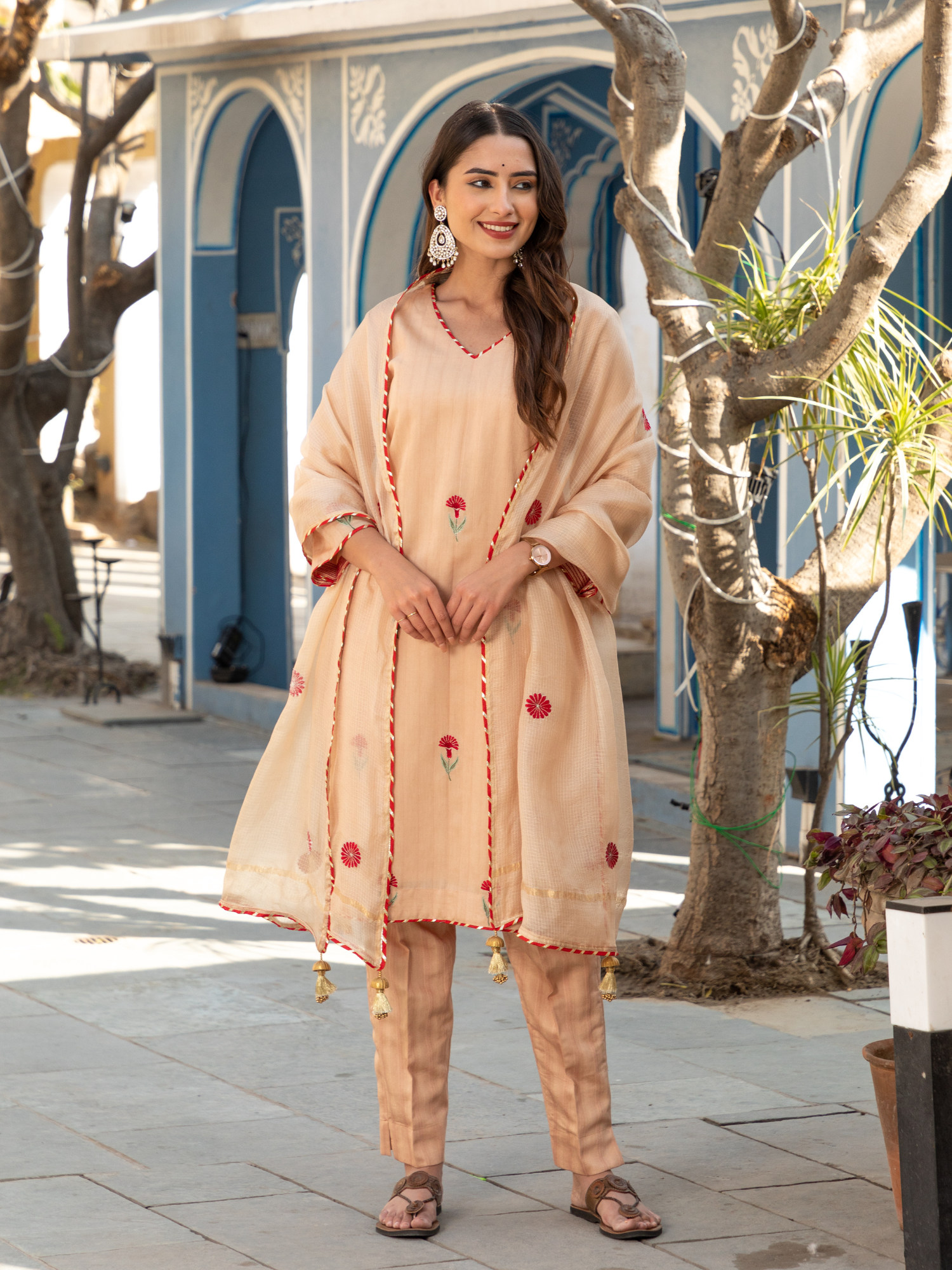 Cream Color Embroidered Floral Chanderi Kurta Set