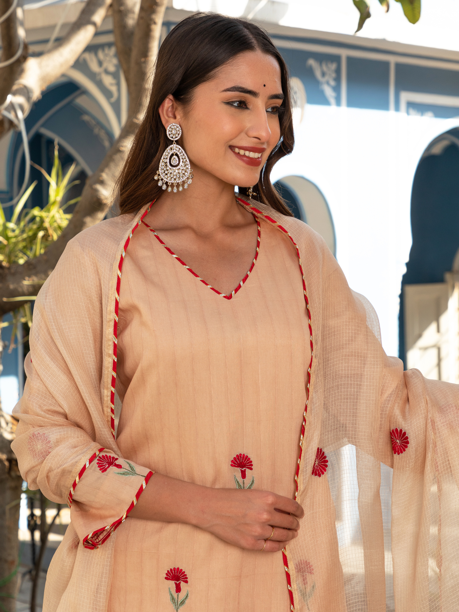 Cream Color Embroidered Floral Chanderi Kurta Set