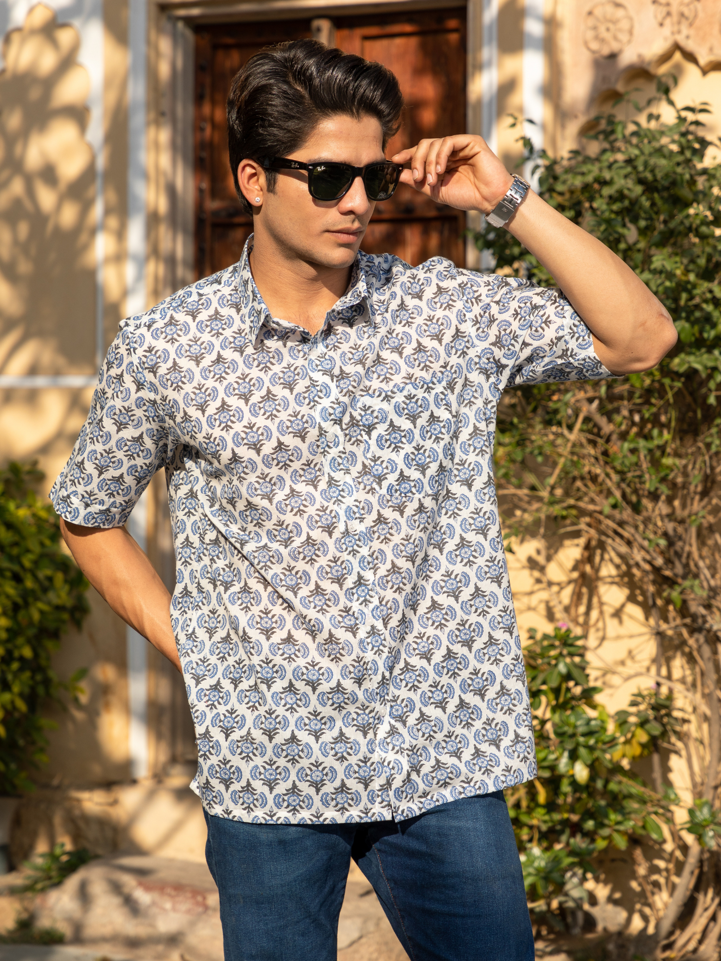 Black & Blue Block Printed Buti Shirt