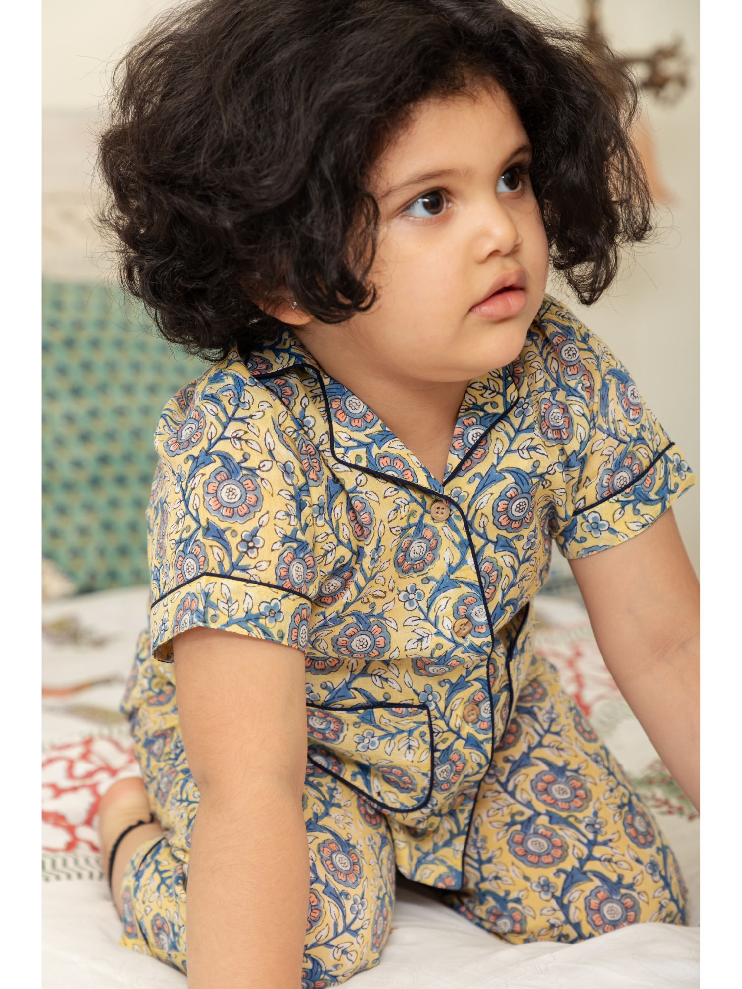 Yellow Floral Jaal Nightwear Set for Girl