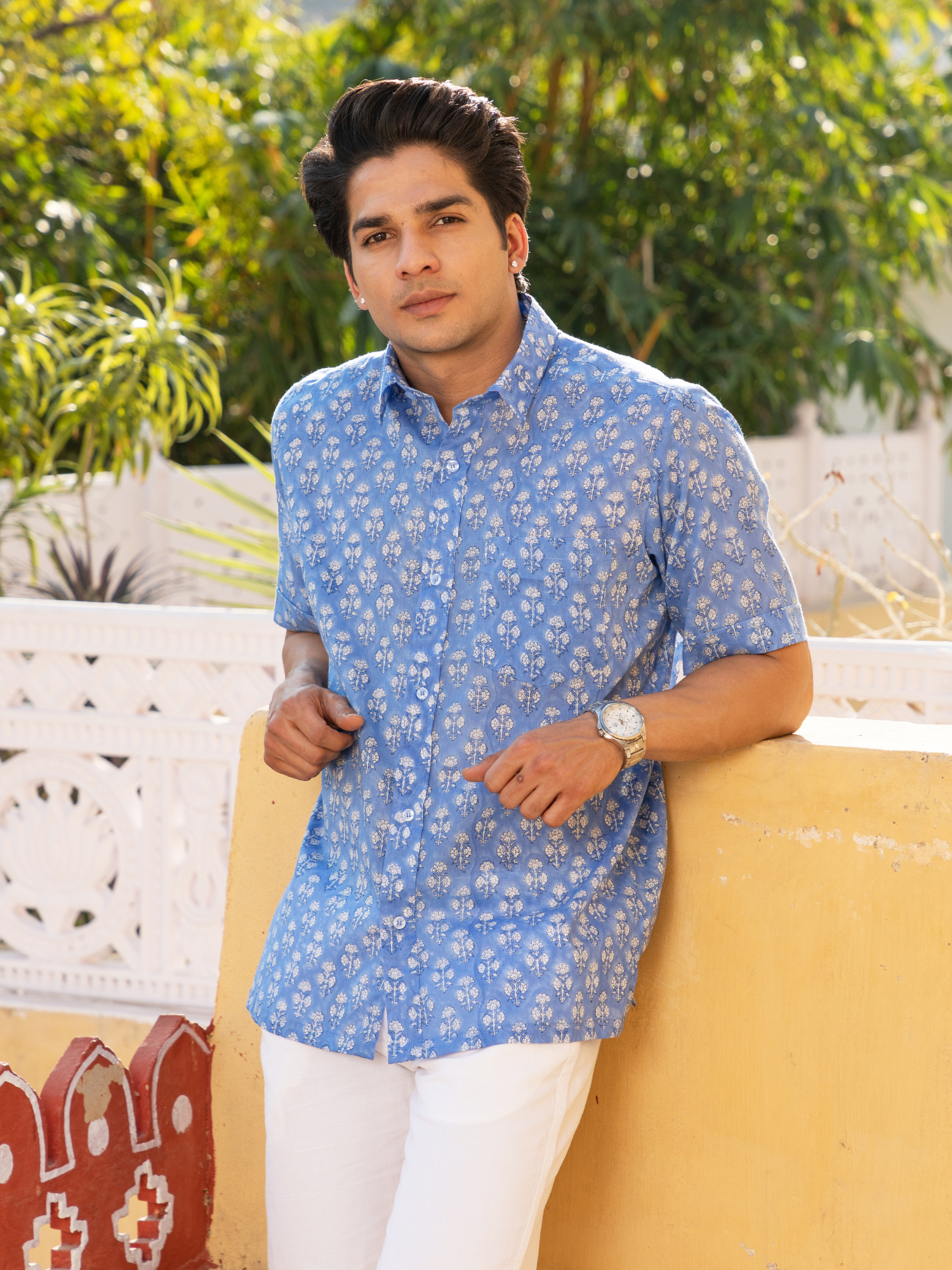 Sky Blue Block Printed Floral Buti Shirt