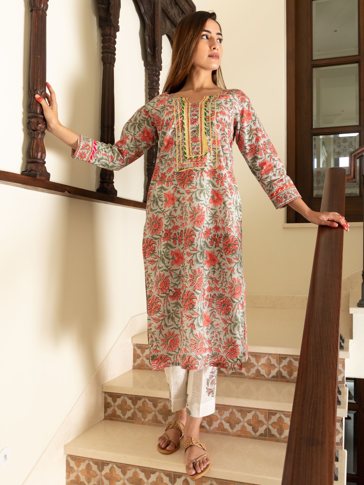 Gulshan Multi Magzi and Block Print Floral Jaal Kurta Set