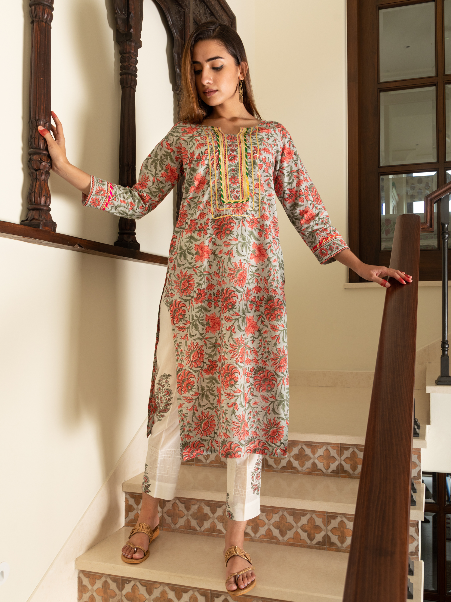 Gulshan Multi Magzi and Block Print Floral Jaal Kurta Set