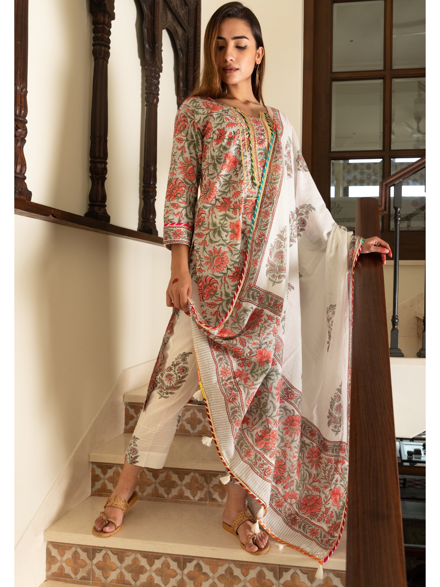 Gulshan Multi Magzi and Block Print Floral Jaal Kurta Set