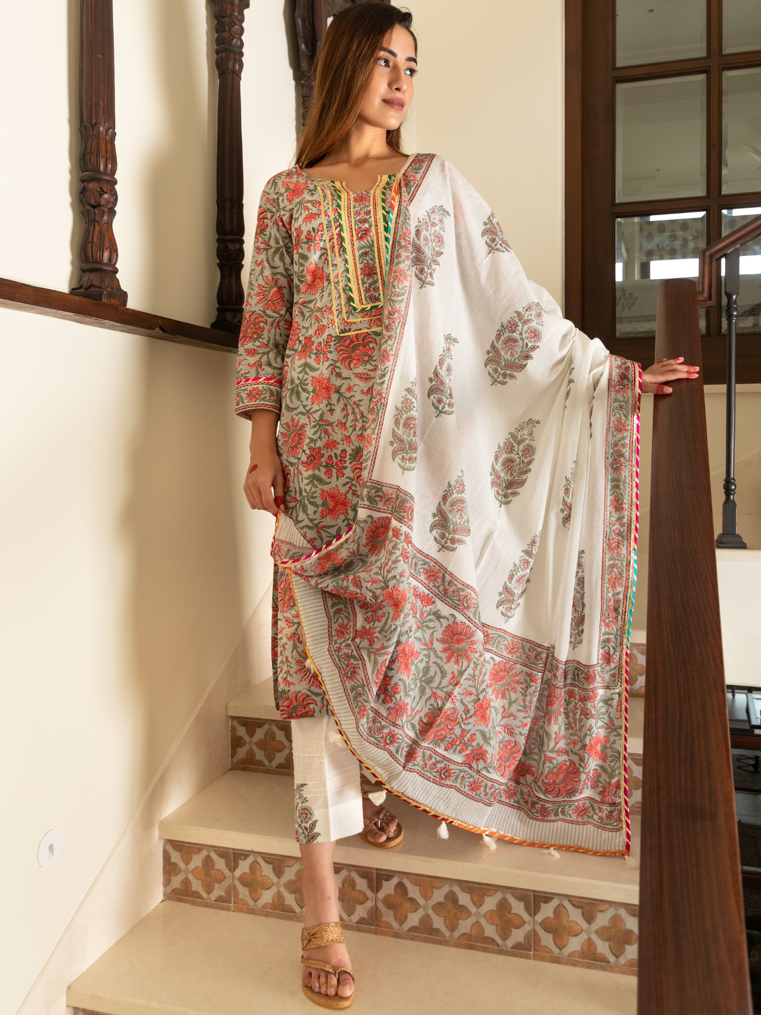 Gulshan Multi Magzi and Block Print Floral Jaal Kurta Set