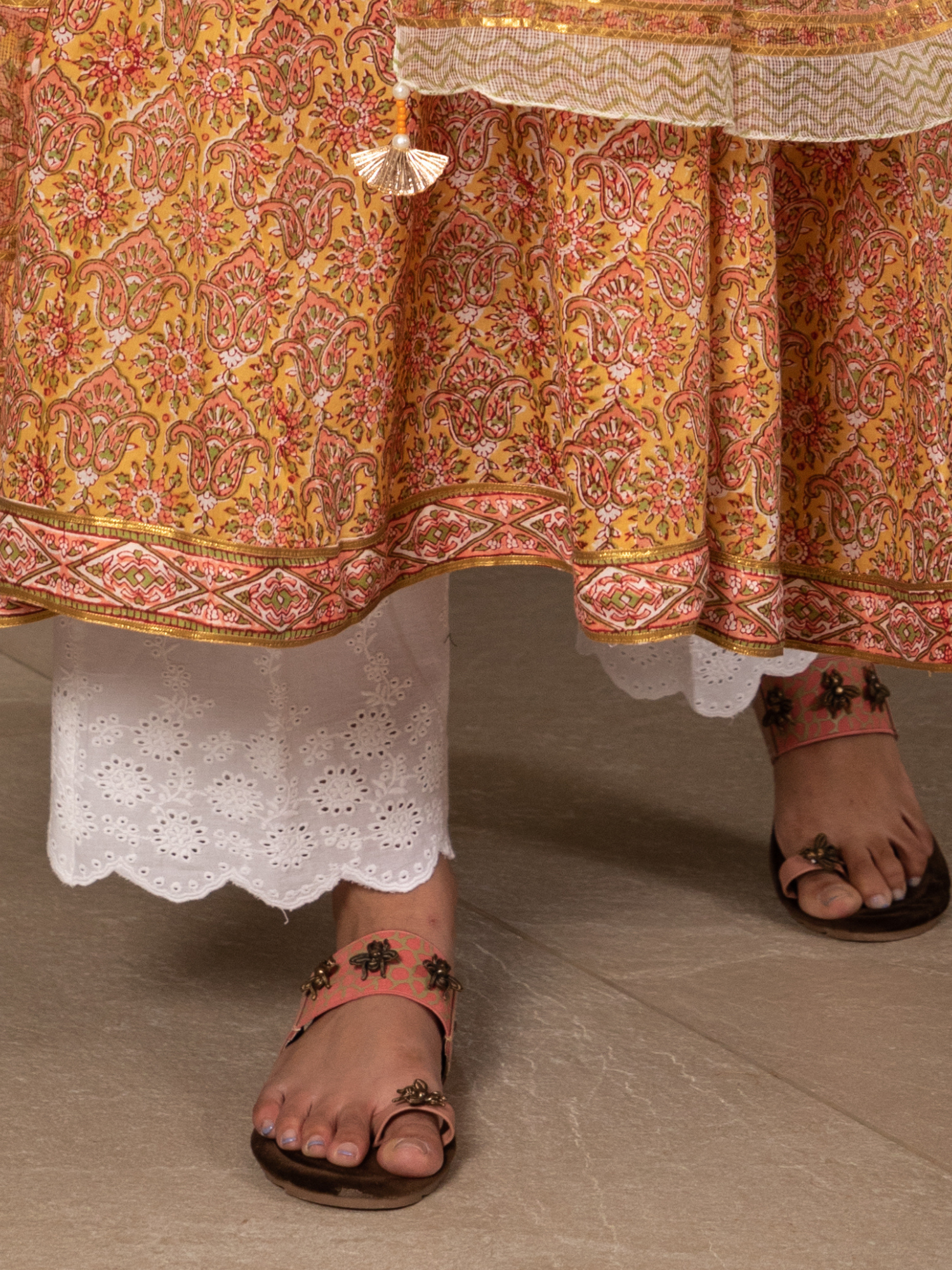 White Cotton Pants with Chikankari Border