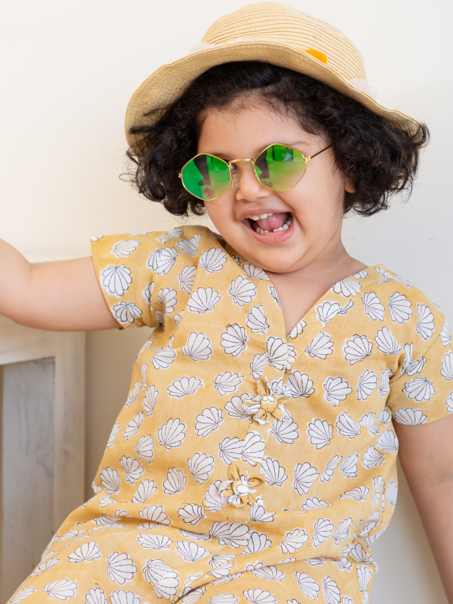 Yellow and Peach Colour Hand Block Printed Shell Buti Dress